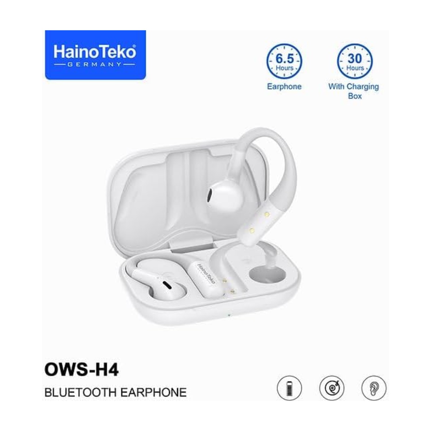 HainoTeko OWS-H4 OpenFit Bluetooth Earphone, White, 6.5 Hours Playtime, 30 Hours with Charging Box