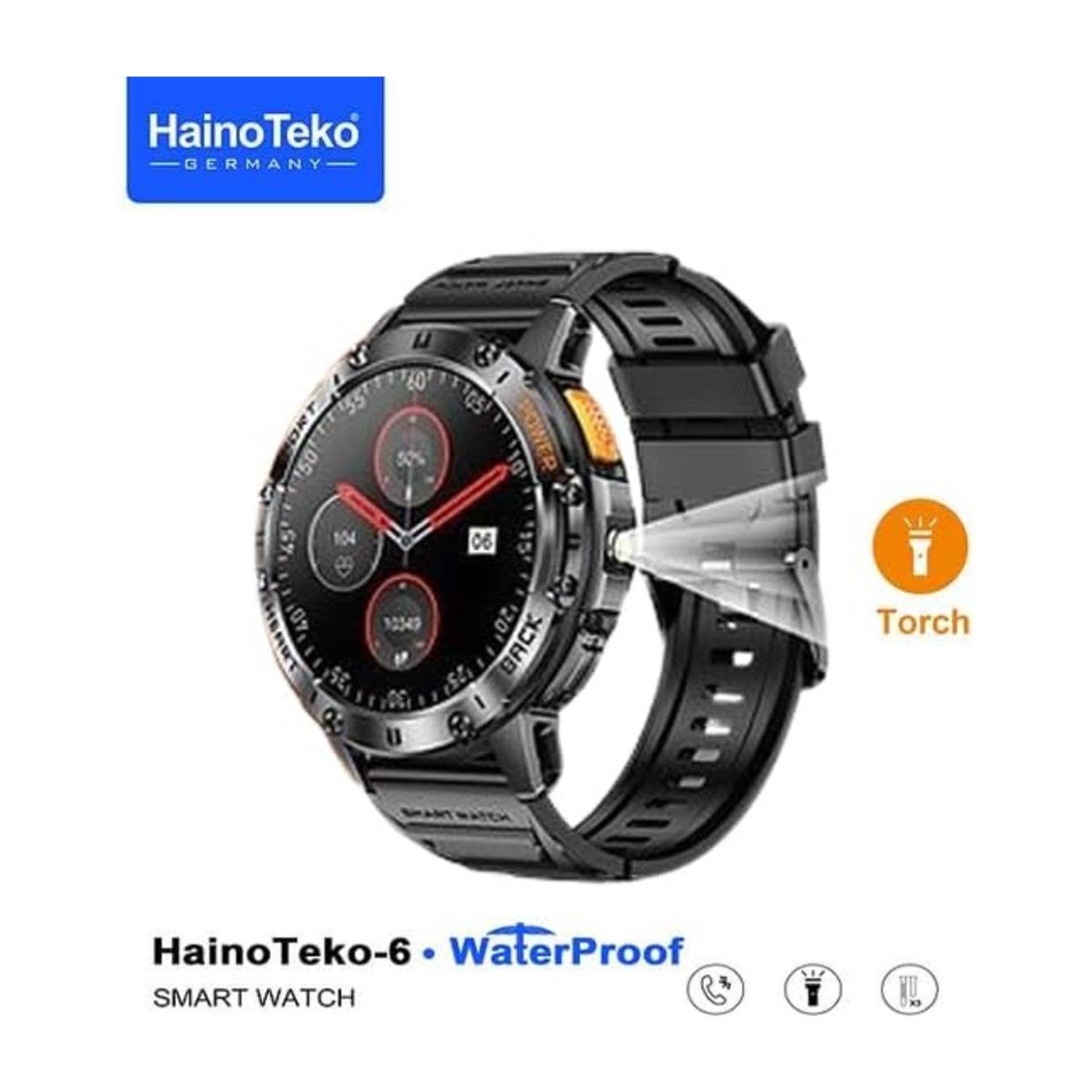HainoTeko Haino Teko-6 Waterproof Smart Watch with AMOLED Display 3 Pair Strap and In-Built Torch Designed For Mens and Boys