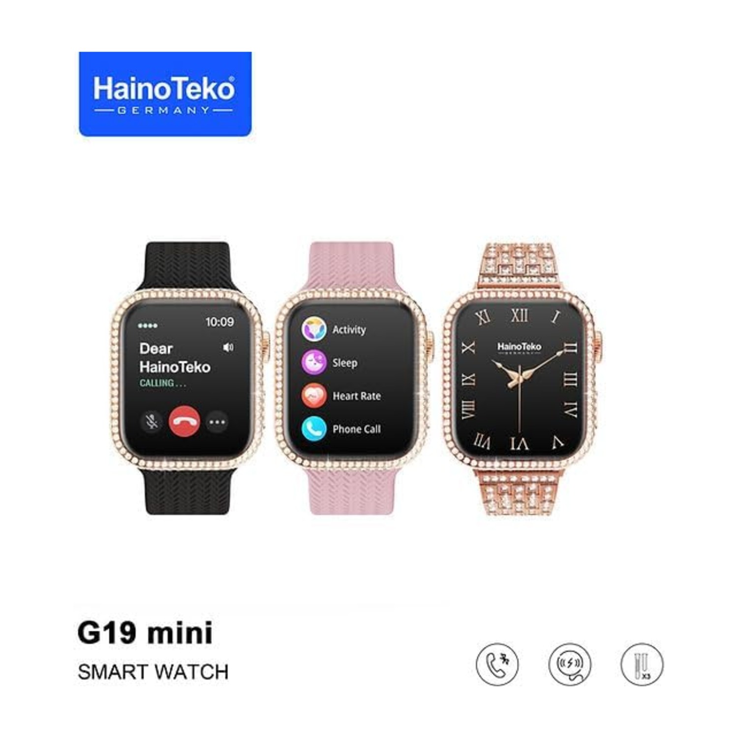 Haino Teko G 19 Mini Smart watch with 3 set strap and wireless charger for Ladies