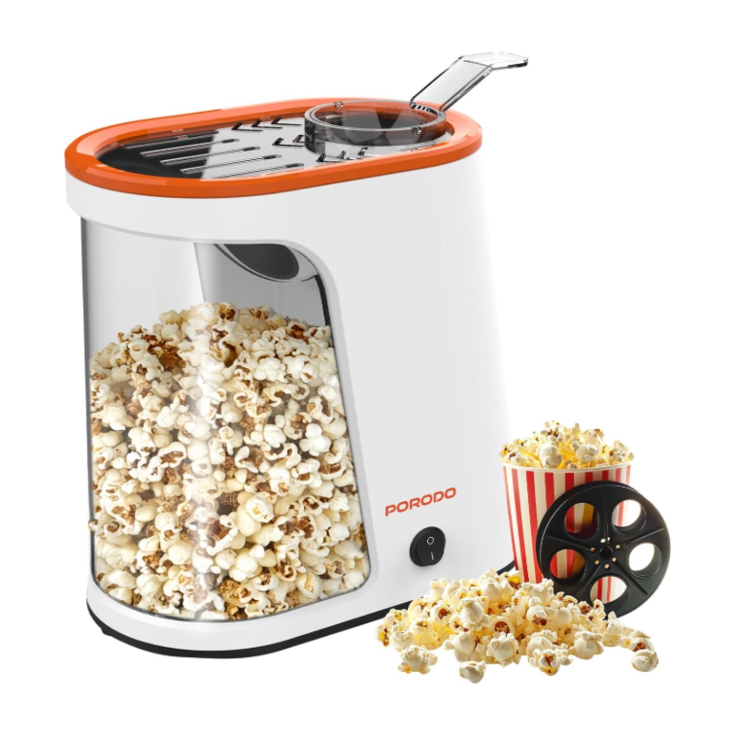 Porodo Electric Popcorn Maker, 1200W Hot Air Popcorn Machine, Homemade Fresh Pop corn in Under 4 Minutes, Healthy Snacking Oil-Free is Perfect for Home Theatres, Movie Nights, Parties, White/Orange