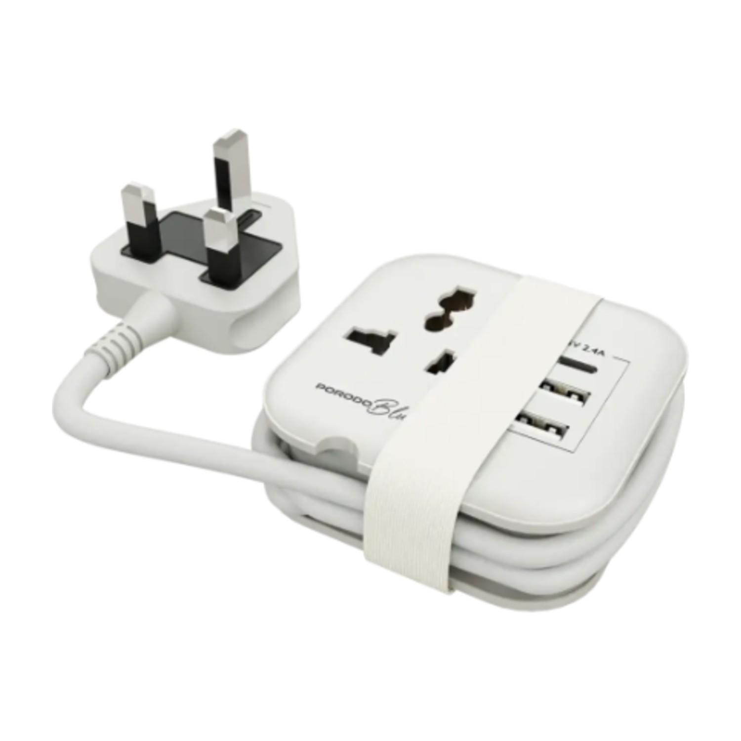 مقبس طاقة متعدد المنافذ من Borrodo Blue Volga مع منفذي USB - A و C - أبيض