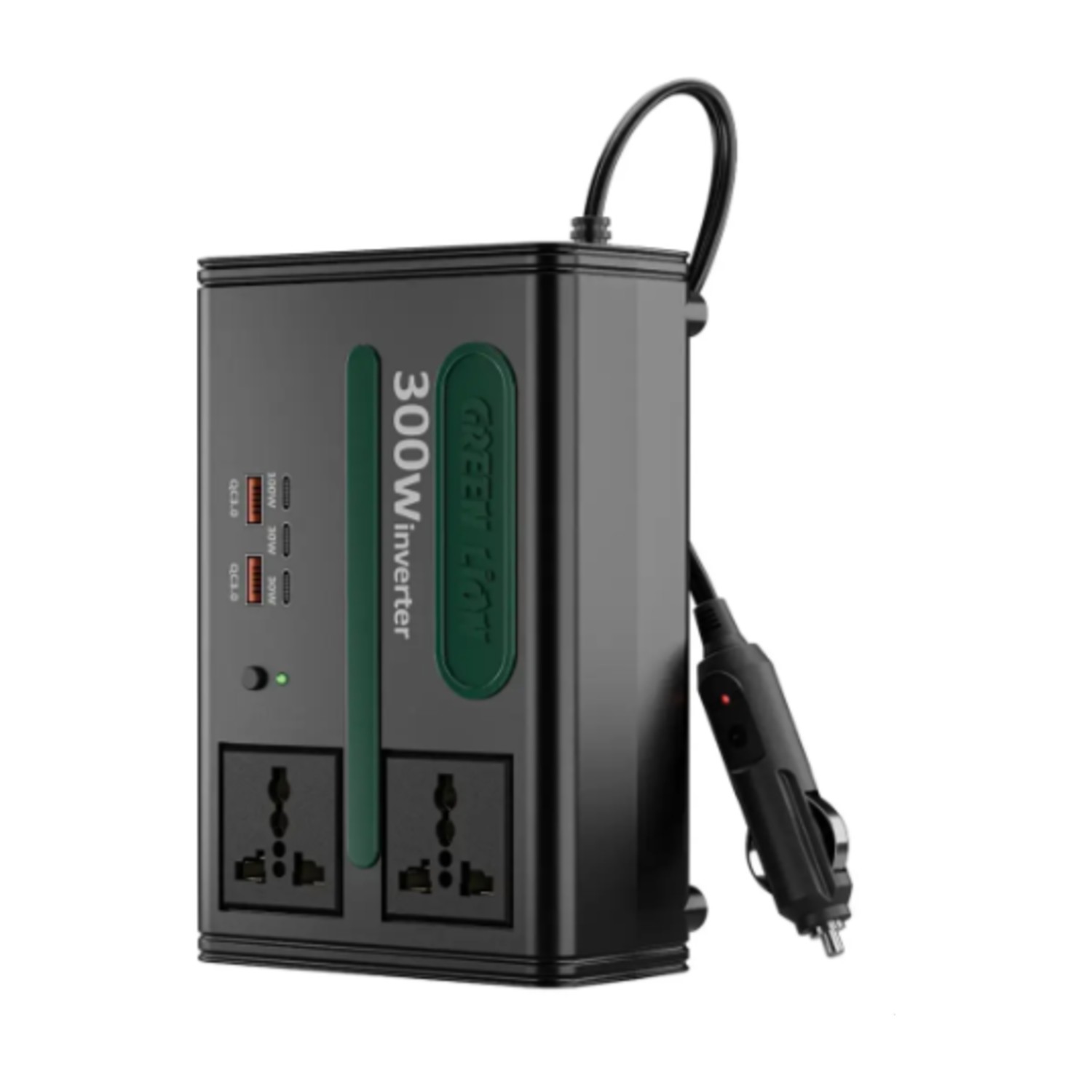 محول سيارة متعدد المنافذ أخضر ليون GC -300 7 في 1 مع تحويل تيار مستمر إلى تيار متردد و تيار مستمر 12.8 فولت - أسود