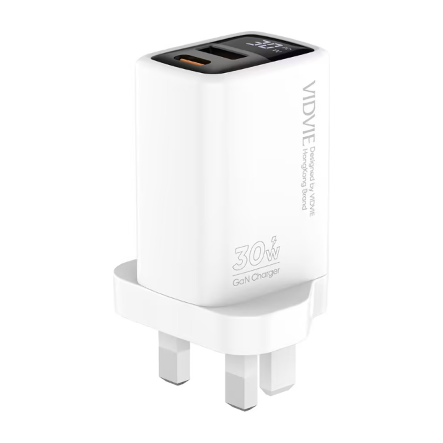 VIDVIE PLB177 30W GaN Fast Wall Charger with LED Power Display (USB-C PD + USB-A) – White