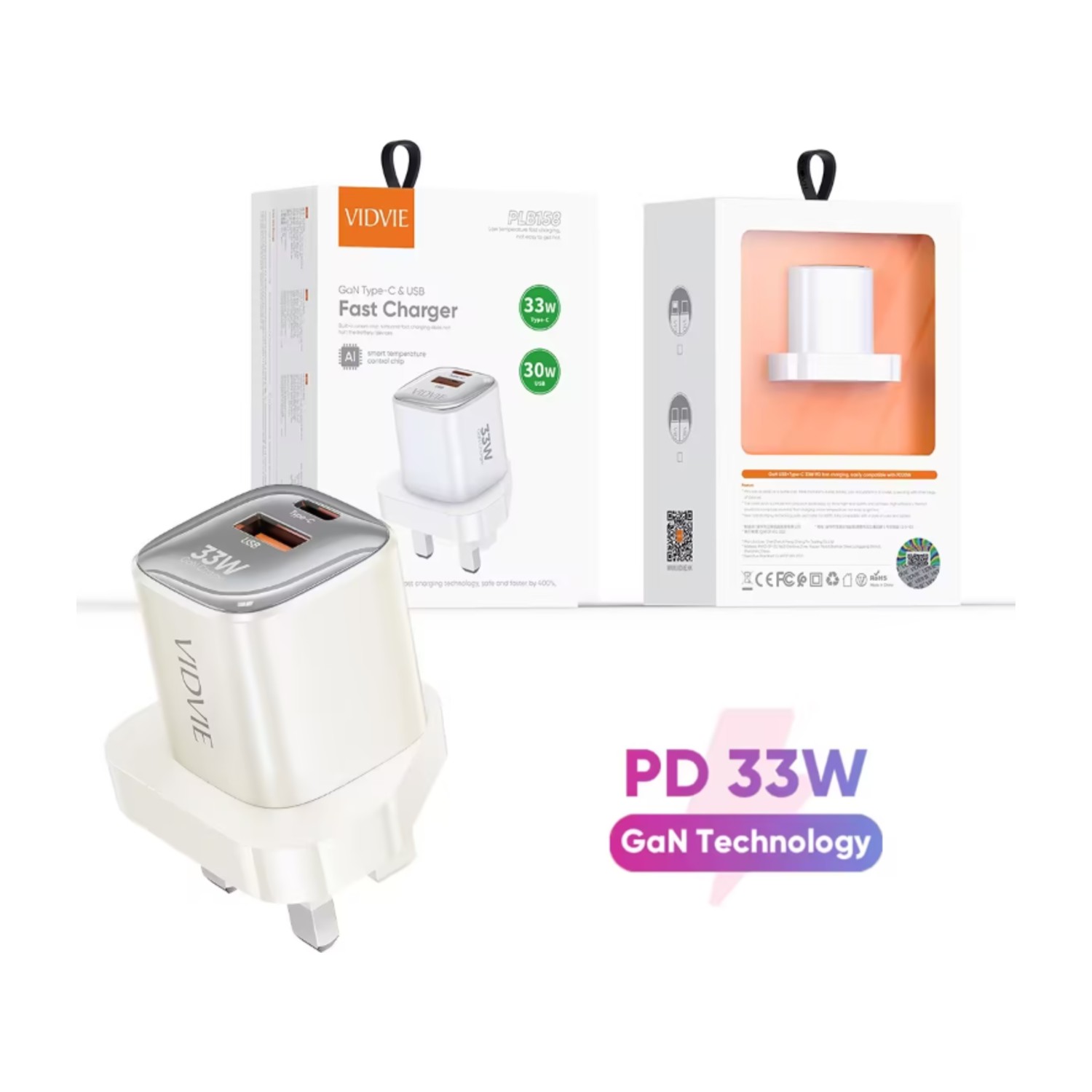 VIDVIE PLB158 33W GaN Dual-Port Fast Wall Charger (USB-C PD + USB-A) – White