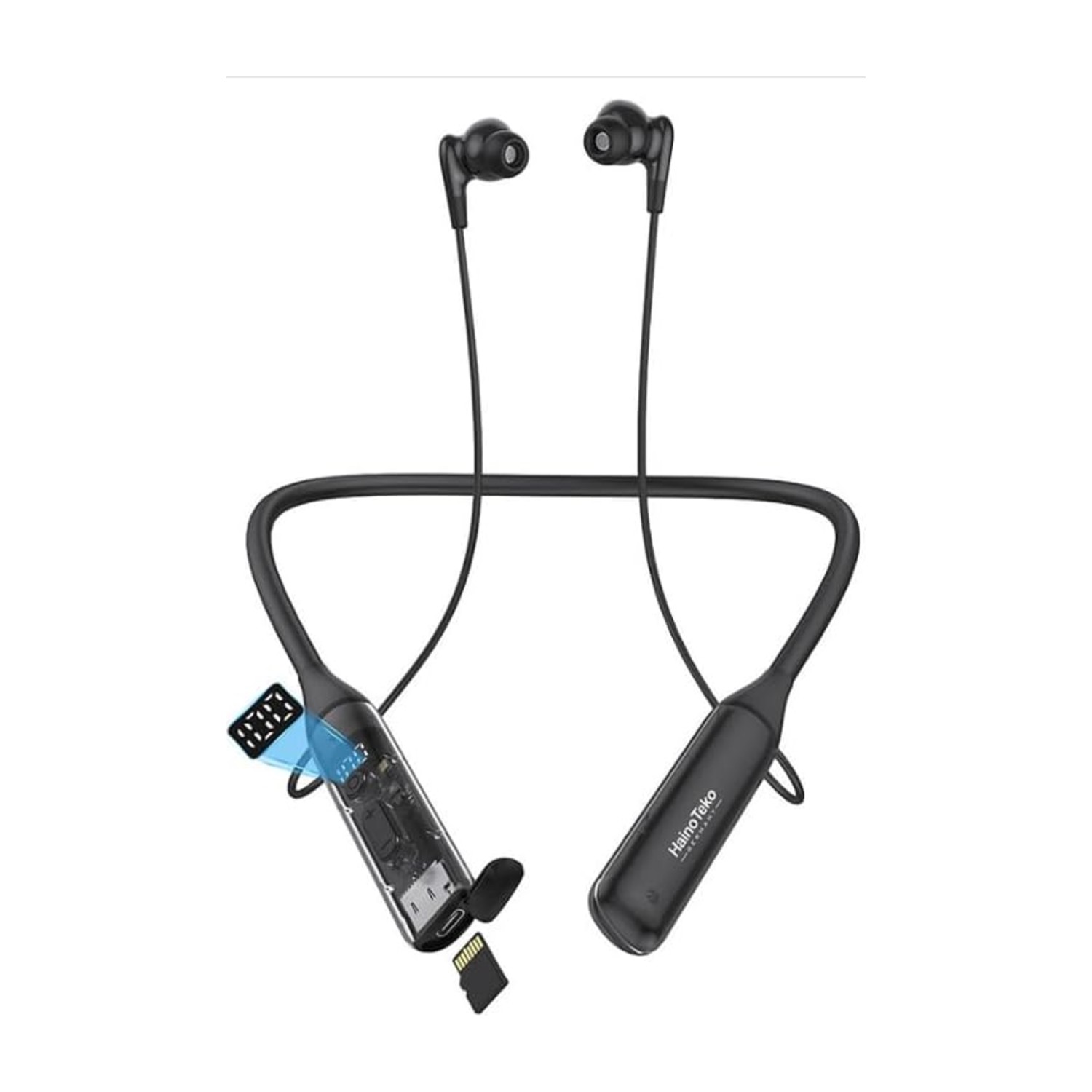 HainoTeko HN-102 Neckband Wireless Earphones with TF Card Support Hi-Res Audio Up to 100 Hours Music Playback and Microphone Black