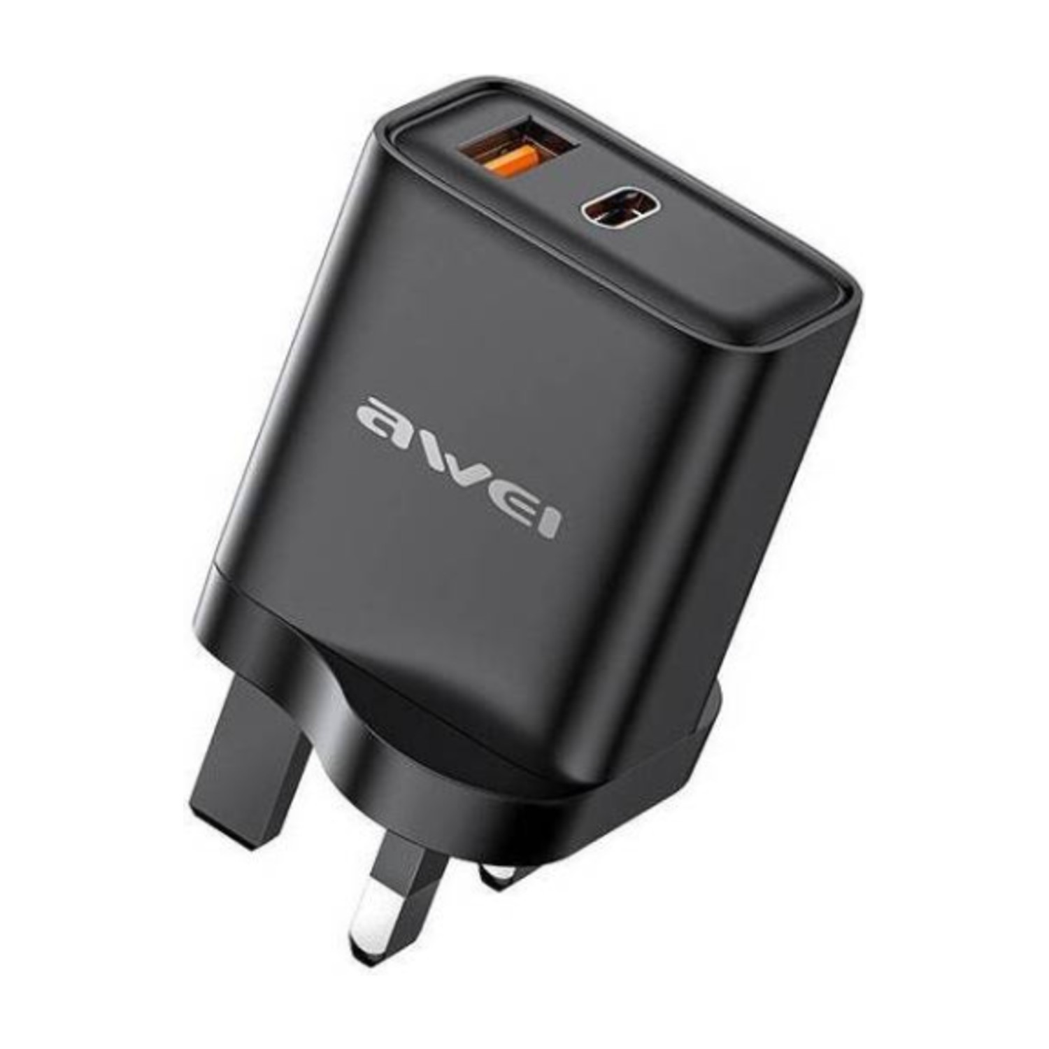 محول شحن سريع ثنائي الخرج من AWEI، تيار متردد USB C 100-240 فولت، توصيل طاقة 20 واط، خرج USB C، قابس المملكة المتحدة، قابس ثلاثي المسامير، أسود | PD81 - UK