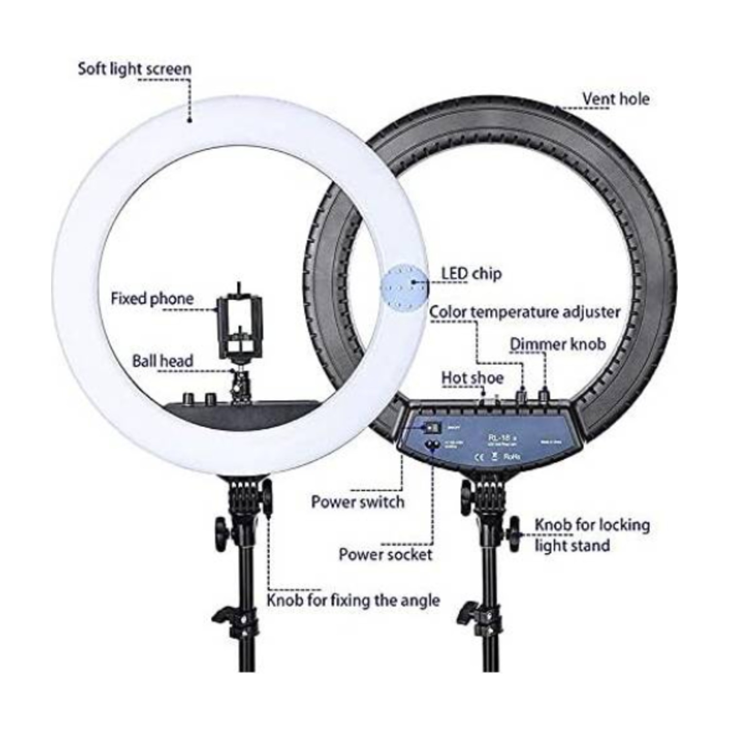 RL -18 LED ضوء حلقة ناعمة، 3200K -5600K درجة حرارة اللون، سطوع قابل للتعديل، ثلاثة حاملات، USB مدعوم، مضمن عن بعد، أبيض | RL18