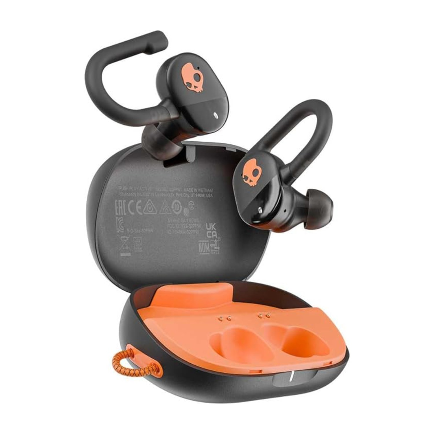 Skullcandy Push Play سماعات أذن لاسلكية نشطة في الأذن، بطارية 34 ساعة، وضع البقاء على دراية، ميكروفون، يعمل مع أجهزة iPhone Android و Bluetooth - أسود/برتقالي حقيقي