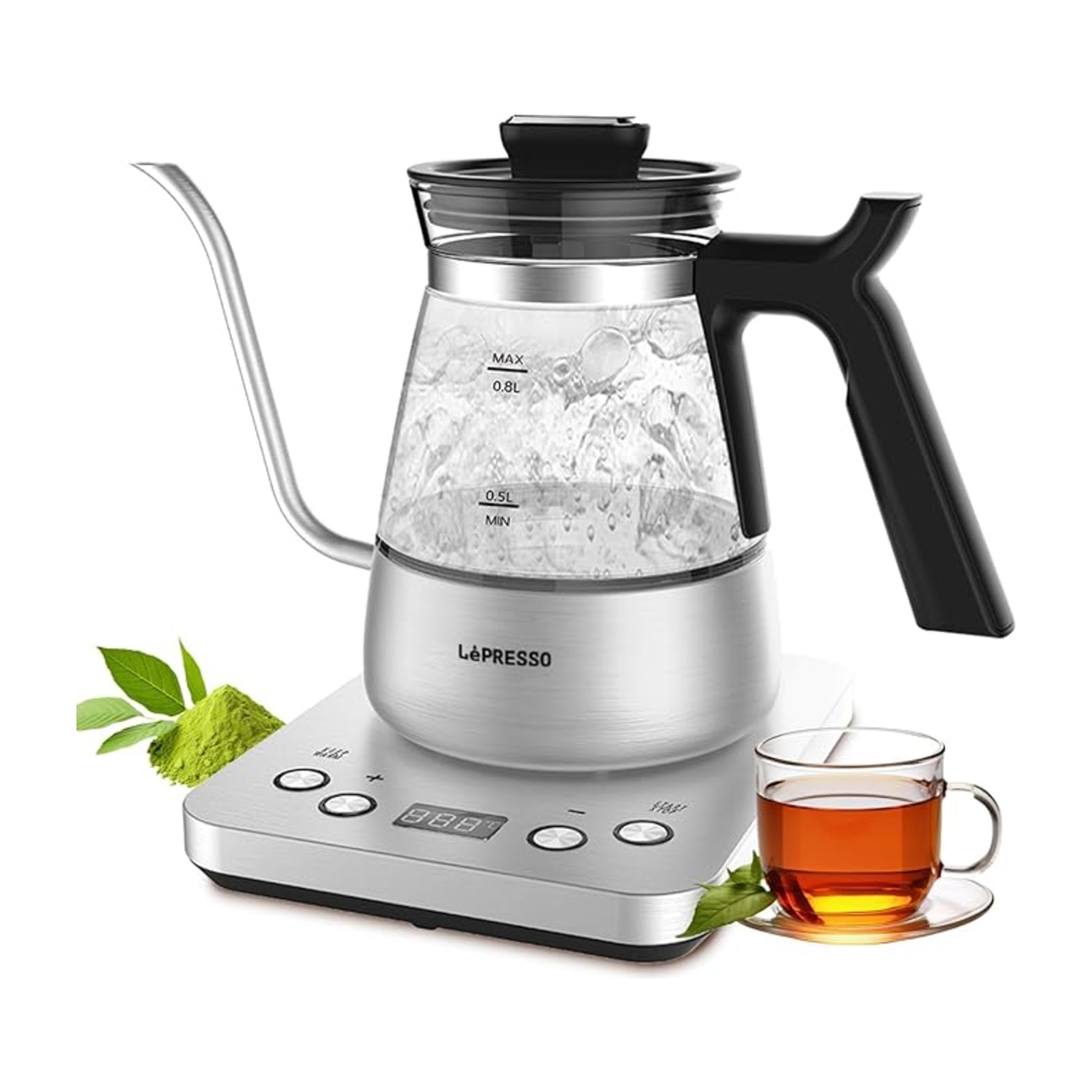LePresso BrewWave Gooseneck Electric Kettle, 0.8L Glass & Stainless Steel Pour Over Kettle, Digital Temperature Control (50-100°C), 1300W Rapid Heating, 1H-6H Timer & 60Min Keep Warm Feature - Silver