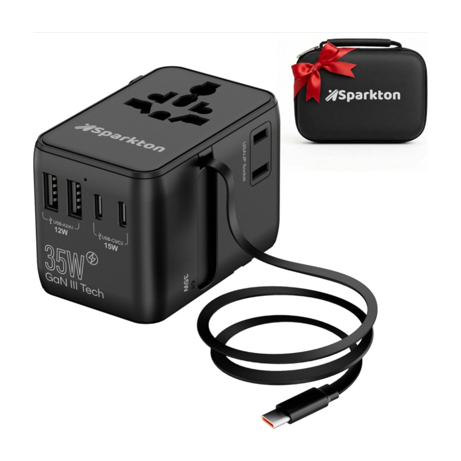 محول سفر عالمي شاحن سريع، 2 USB - C + 1 USB - A مع كابل من النوع C، محول سفر عالمي للمملكة المتحدة/الاتحاد الأوروبي/الولايات المتحدة/الاتحاد الأفريقي، شاحن سفر دولي للهواتف وأجهزة الكمبيوتر المحمول والأجهزة.