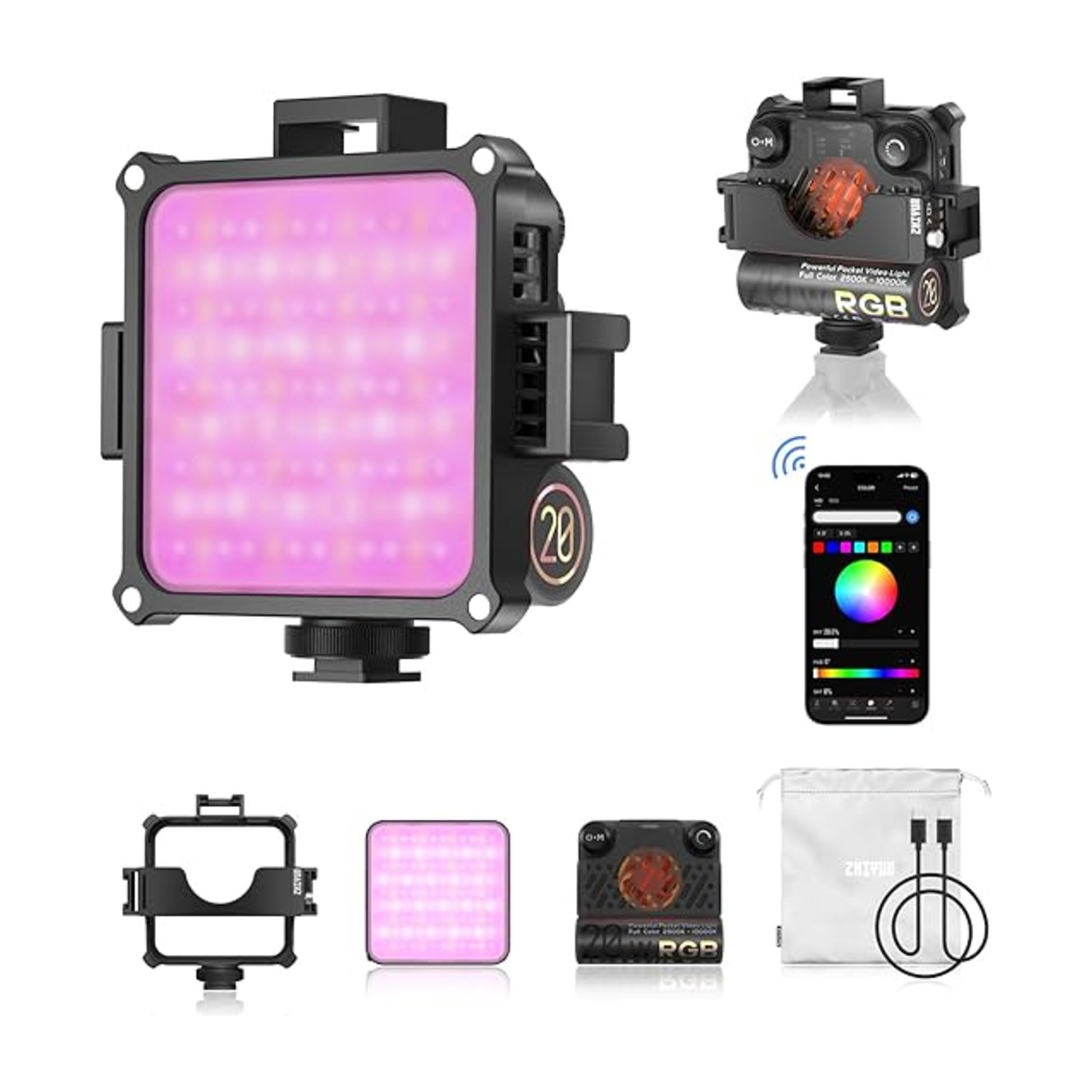 ZHIYUN FIVERAY M20C [رسمي] مصباح فيديو RGB 20 واط، مصباح كاميرا قابل لإعادة الشحن 4500 مللي أمبير في الساعة 2500-10000 K مصباح لوحة LED قابل للتعتيم مع حامل تمديد، 16 تأثير إضاءة للتصوير الفوتوغرافي، يوتيوب، تيك توك