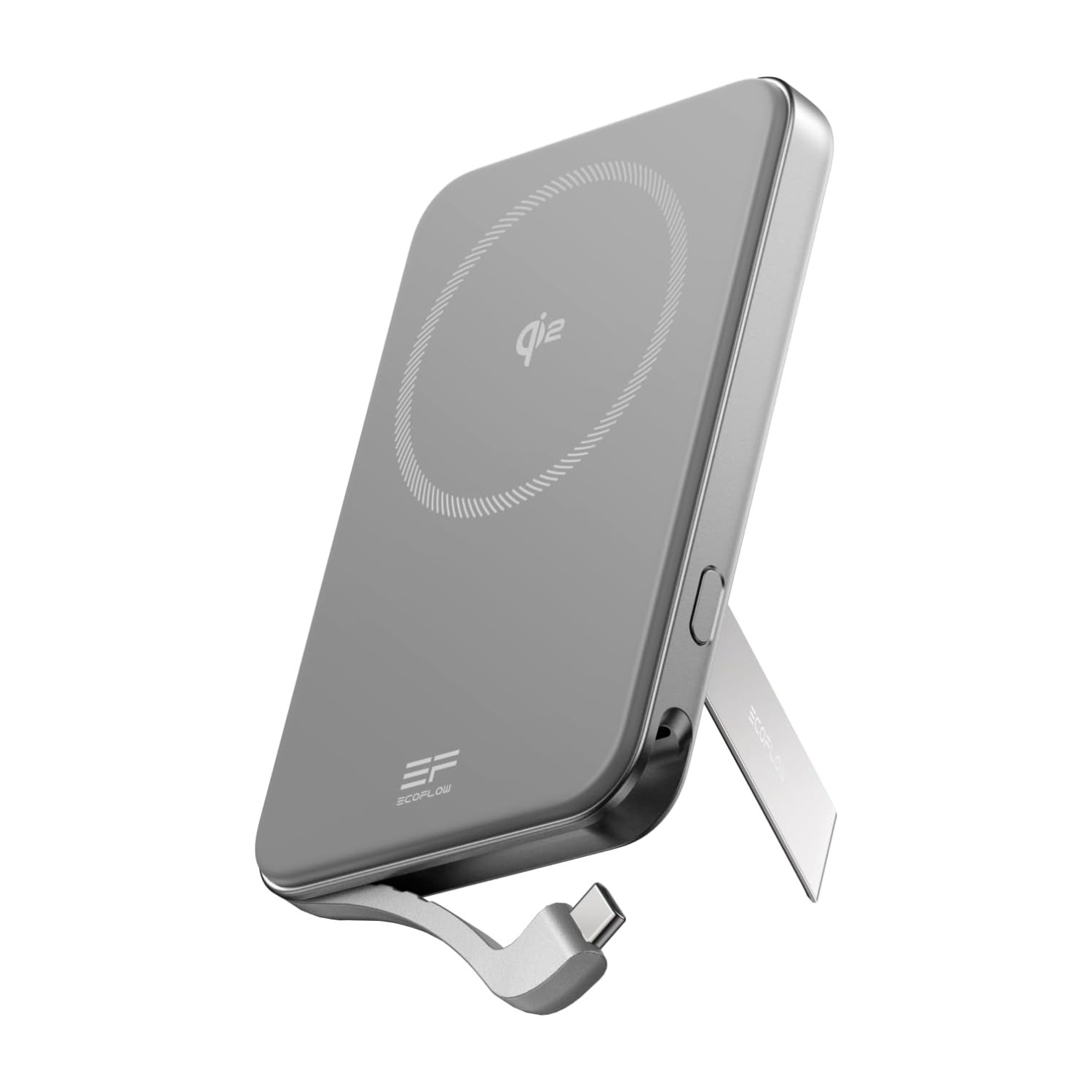شاحن محمول مغناطيسي لاسلكي معتمد EF ECOFLOW 5000mAh Qi2، حزمة بطارية شحن سريع 30 واط كحد أقصى مع كابل USB - C مدمج وحامل لجهاز iPhone 16/15/14/13/12 (Rapid 5000 Sliver)