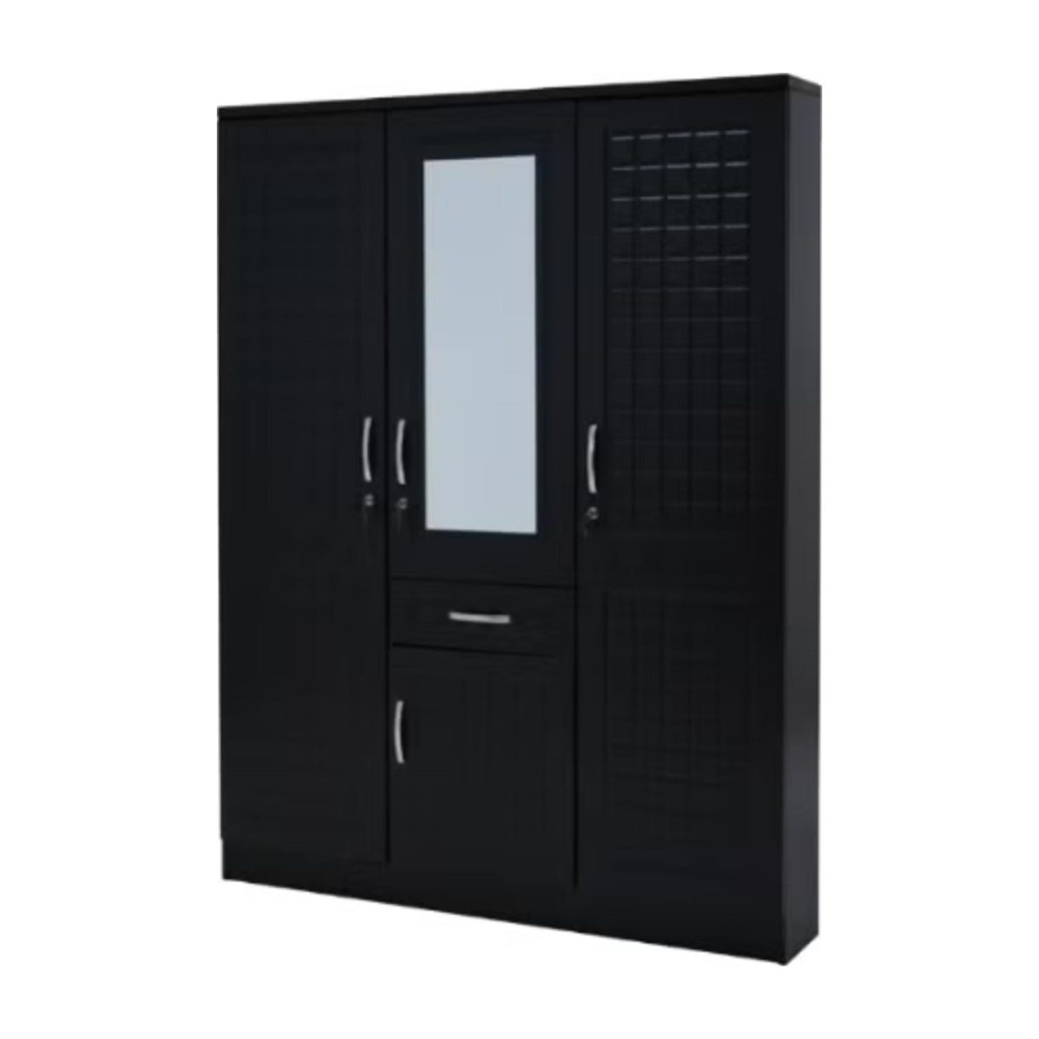3 door wardrobe with one drawer and storage and also one hanging side with 8 shelves | Lockable door (With Installation)