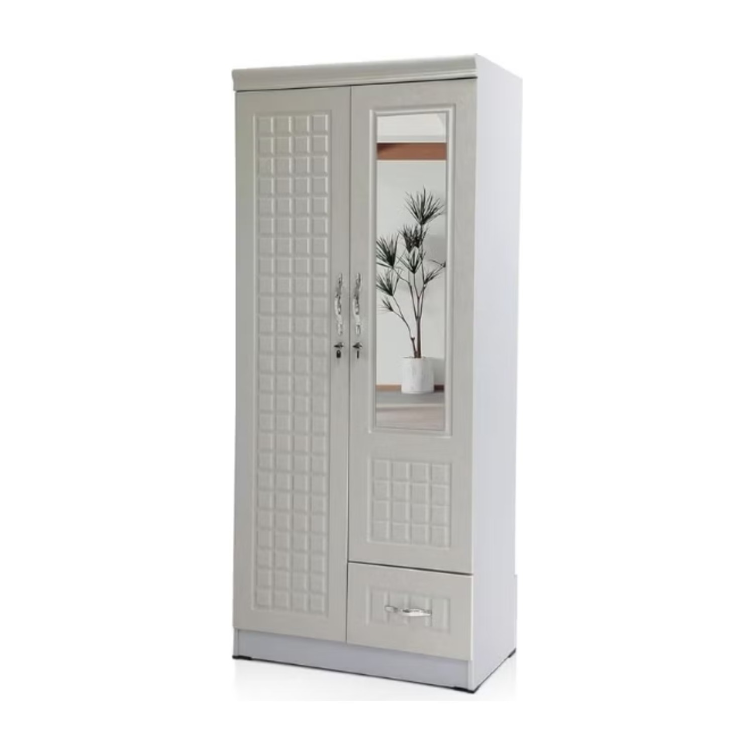 Shaku 2 Door Wooden Wardrobe With Mirror and One Drawer (With Installation)