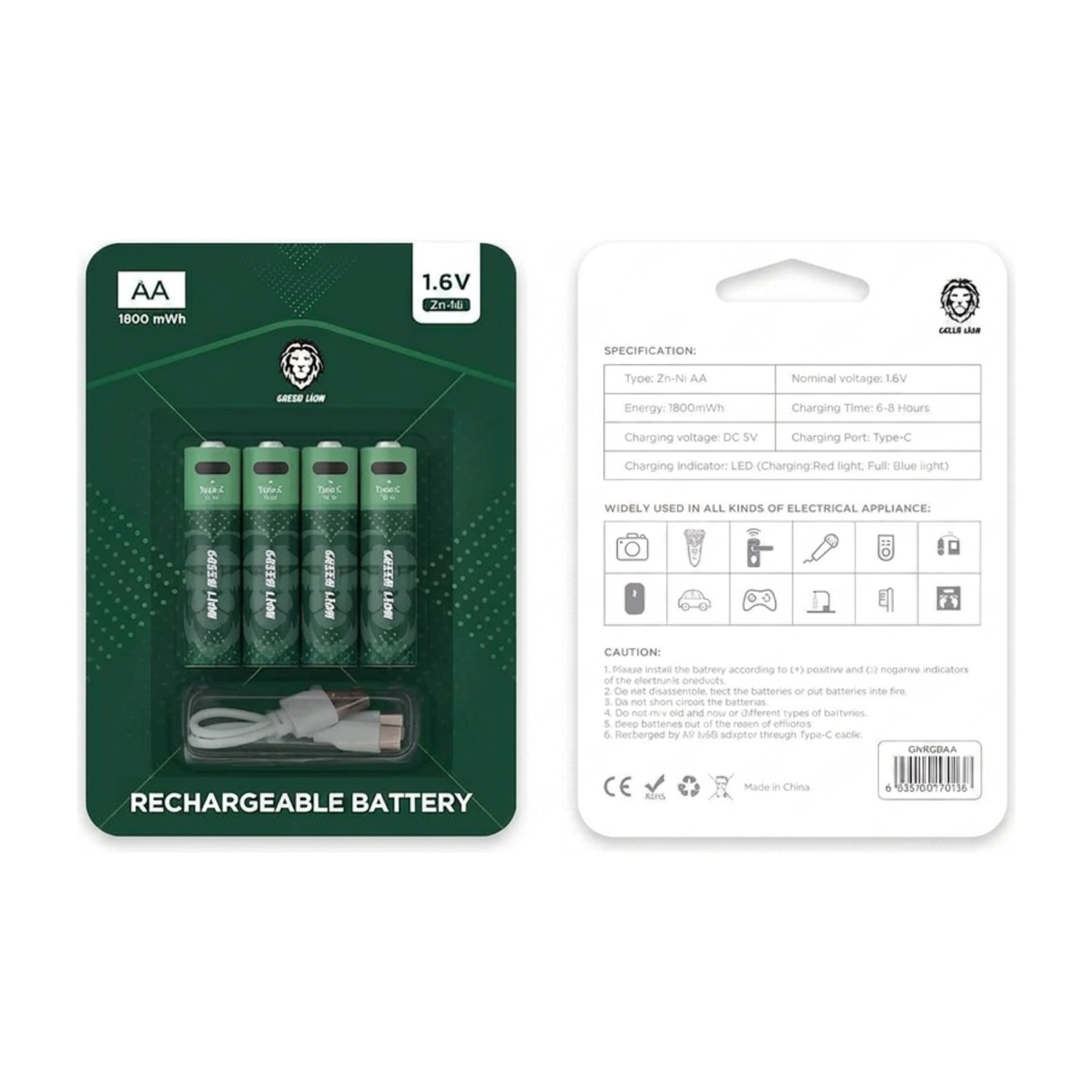 Green Lion Rechargeable AA Batteries 1800mWh 1.6V with Type-C Charging Cable, 4-Pack - Green