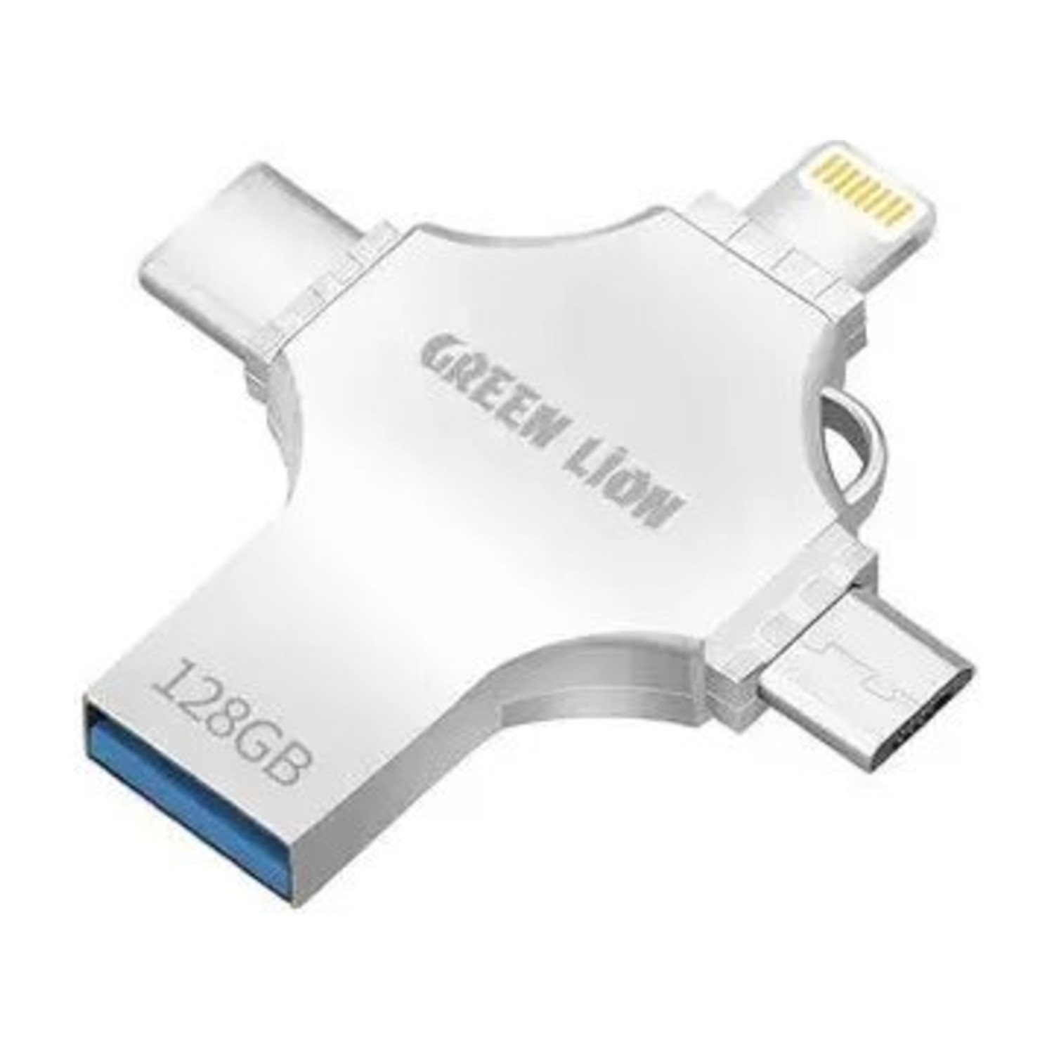 محرك أقراص فلاش USB "جرين ليون" (Green Lion) 4 في 1 بسعة 128 جيجابايت – فضي | يدعم منافذ USB-A وUSB-C وLightning وMicro USB
