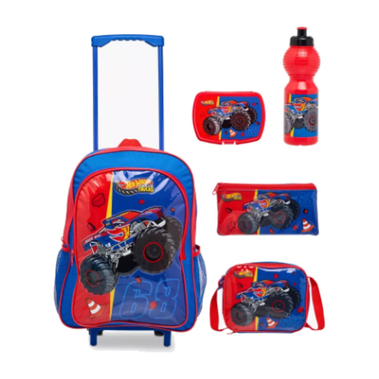 Hot Wheels Mattel Hot Wheels 5-Piece School Trolley Bag Set for Boys 5-8 Years with Lunch Bag and Pencil Pouch