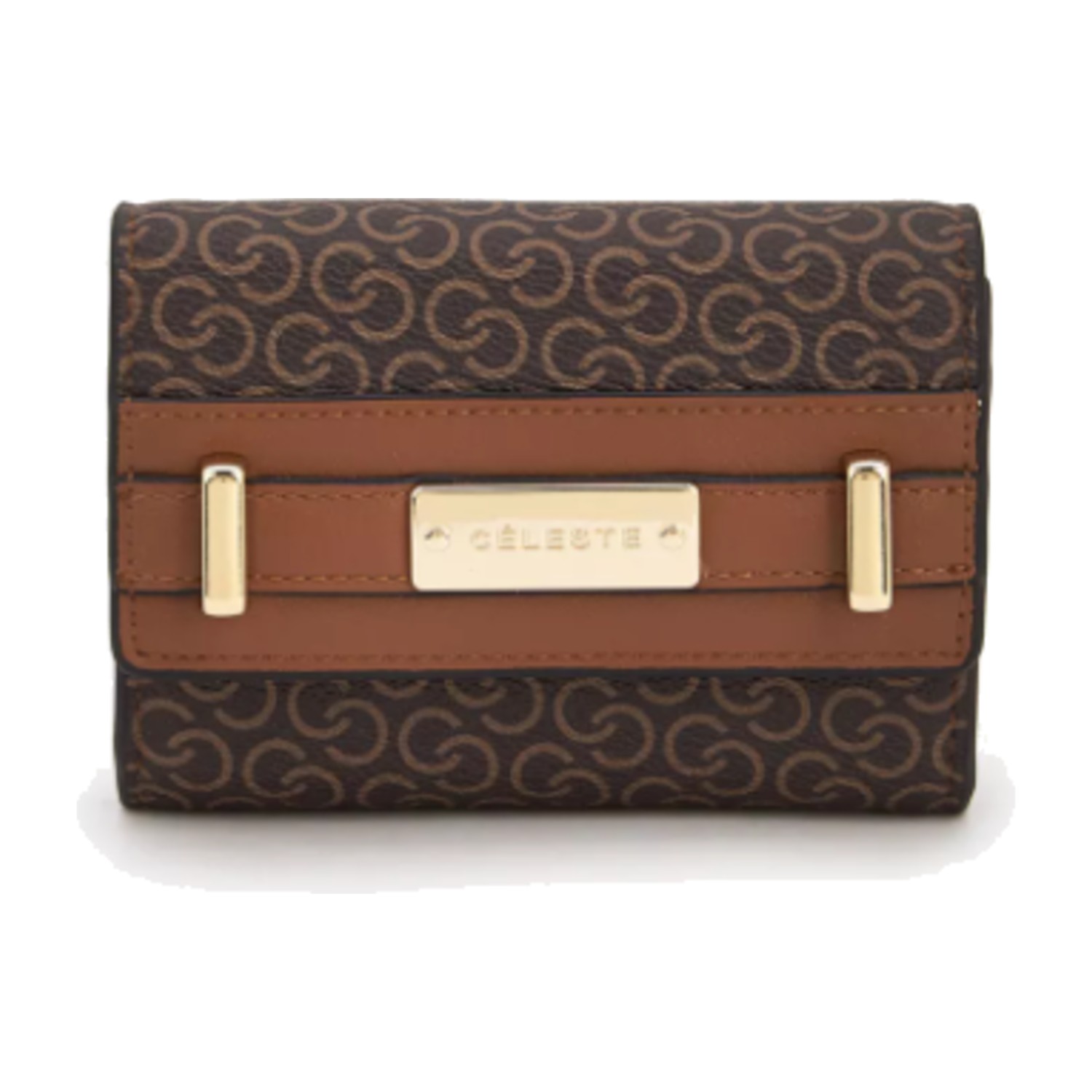 Celeste Monogram Print Wallet with Magnetic Snap Button Closure - Brown