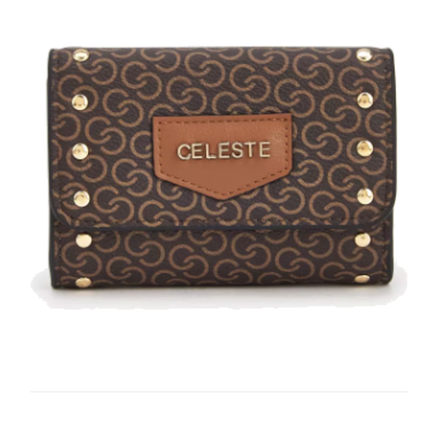 Celeste Stud Embellished Wallet with Button Closure - Brown