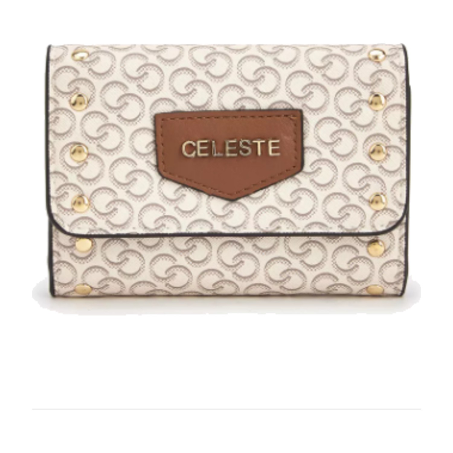 Celeste Stud Embellished Wallet with Button Closure - Beige