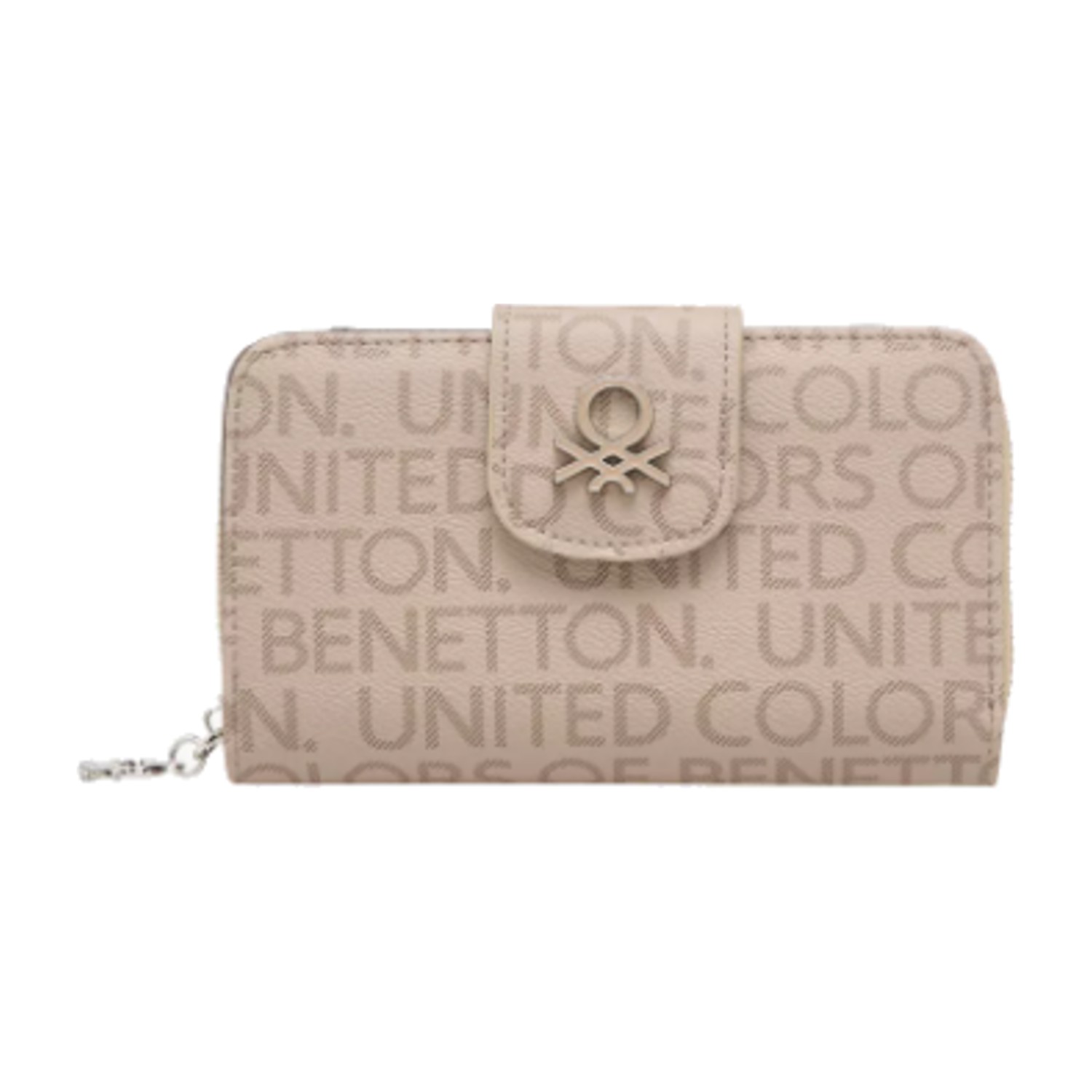 United Colors of Benetton Monogram Print Wallet with Zip Closure - Cream