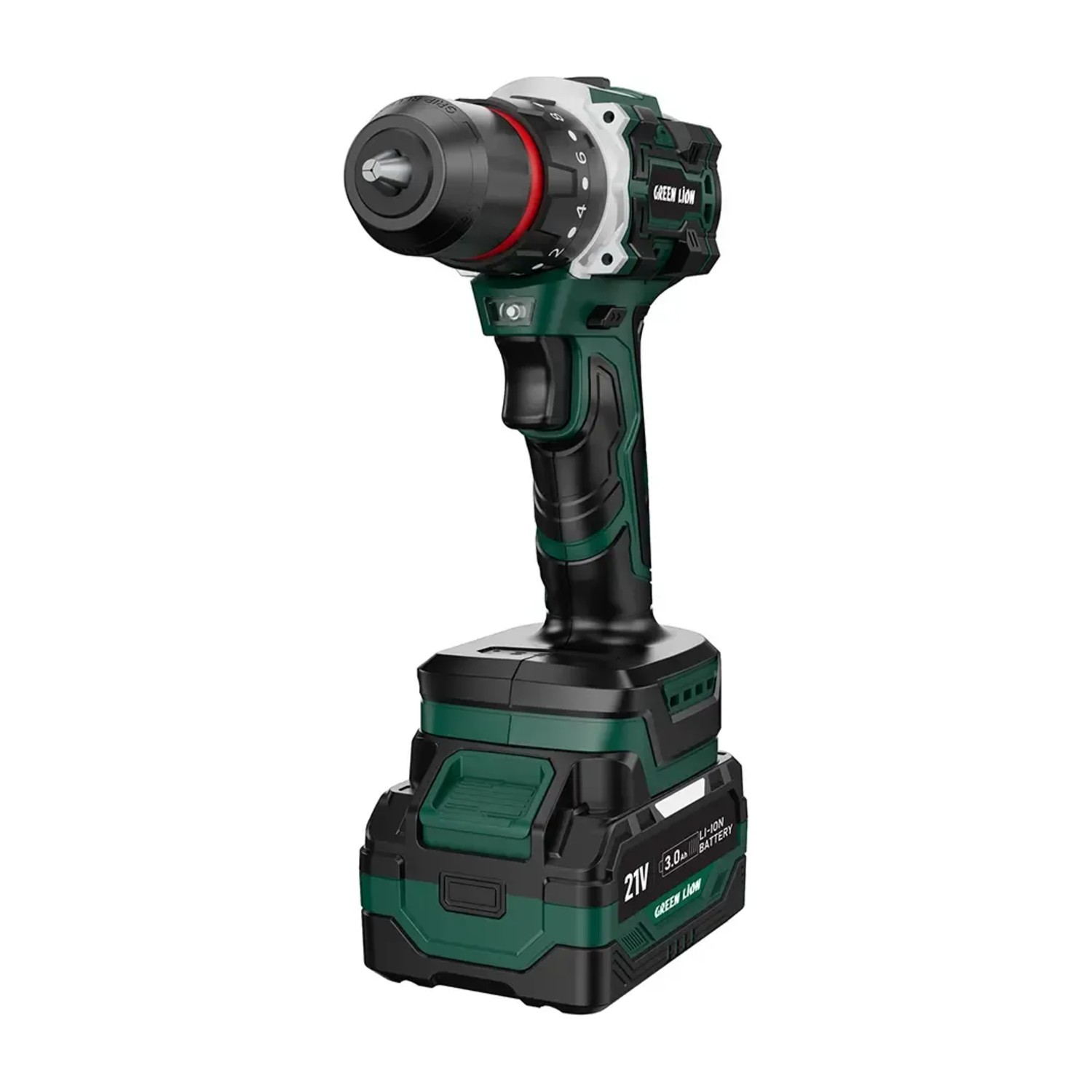 مثقاب مطرقي لاسلكي Green Lion GD-12 Edge Pro، مثقاب ومفك براغي بمحرك عديم الفرشاة (Brushless) وجهد 21 فولت، مزود ببطاريتين ليثيوم-أيون (3.0 أمبير-ساعة)، وعزم دوران 45 نيوتن-متر، ونظام قابض (Clutch) بإعدادات 20+1+1.