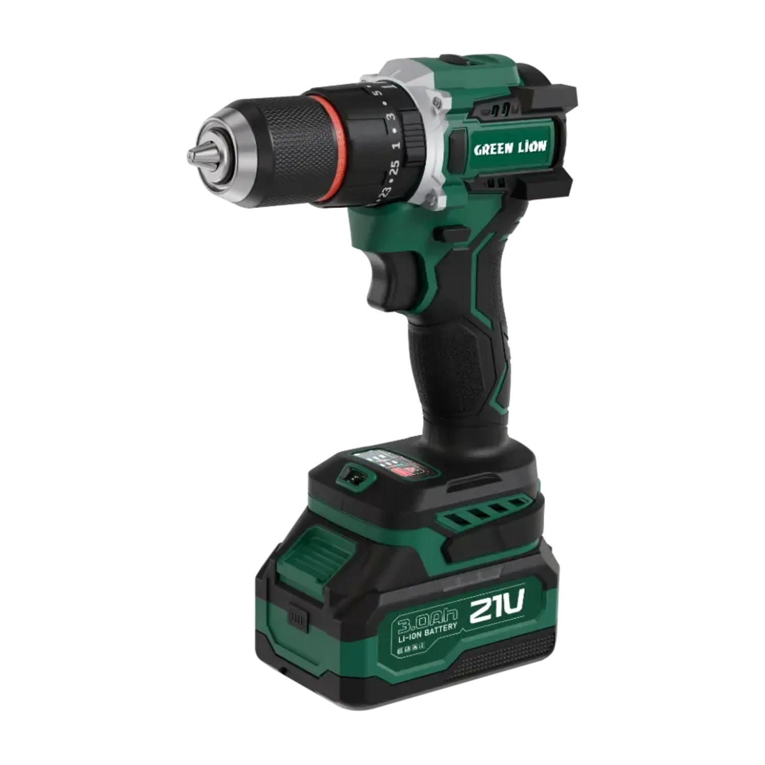 Green Lion GD-16 Pro Drive Cordless Hammer Drill, 21V Brushless Drill Driver with 2×3Ah Batteries, 55Nm Torque, 25+1 Clutch – Green