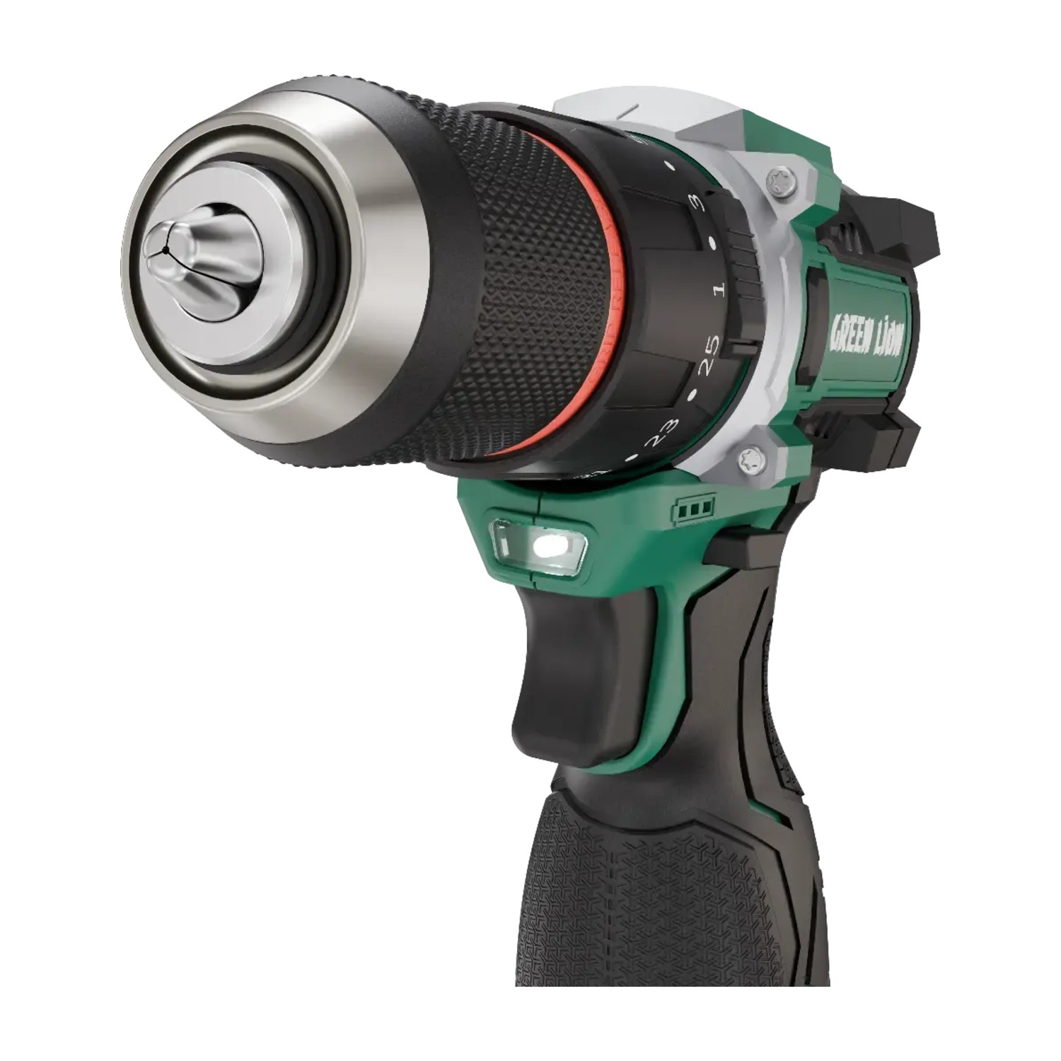 مثقاب مطرقي لاسلكي Green Lion GD-15 Pro Drive، مثقاب ومفك براغي بجهد 18 فولت ومحرك بدون فرش (Brushless)، مزود ببطاريتين (3.0 أمبير-ساعة)، عزم دوران 55 نيوتن-متر، ونظام قابض (Clutch) بإعدادات 25+1 – لون أخضر.