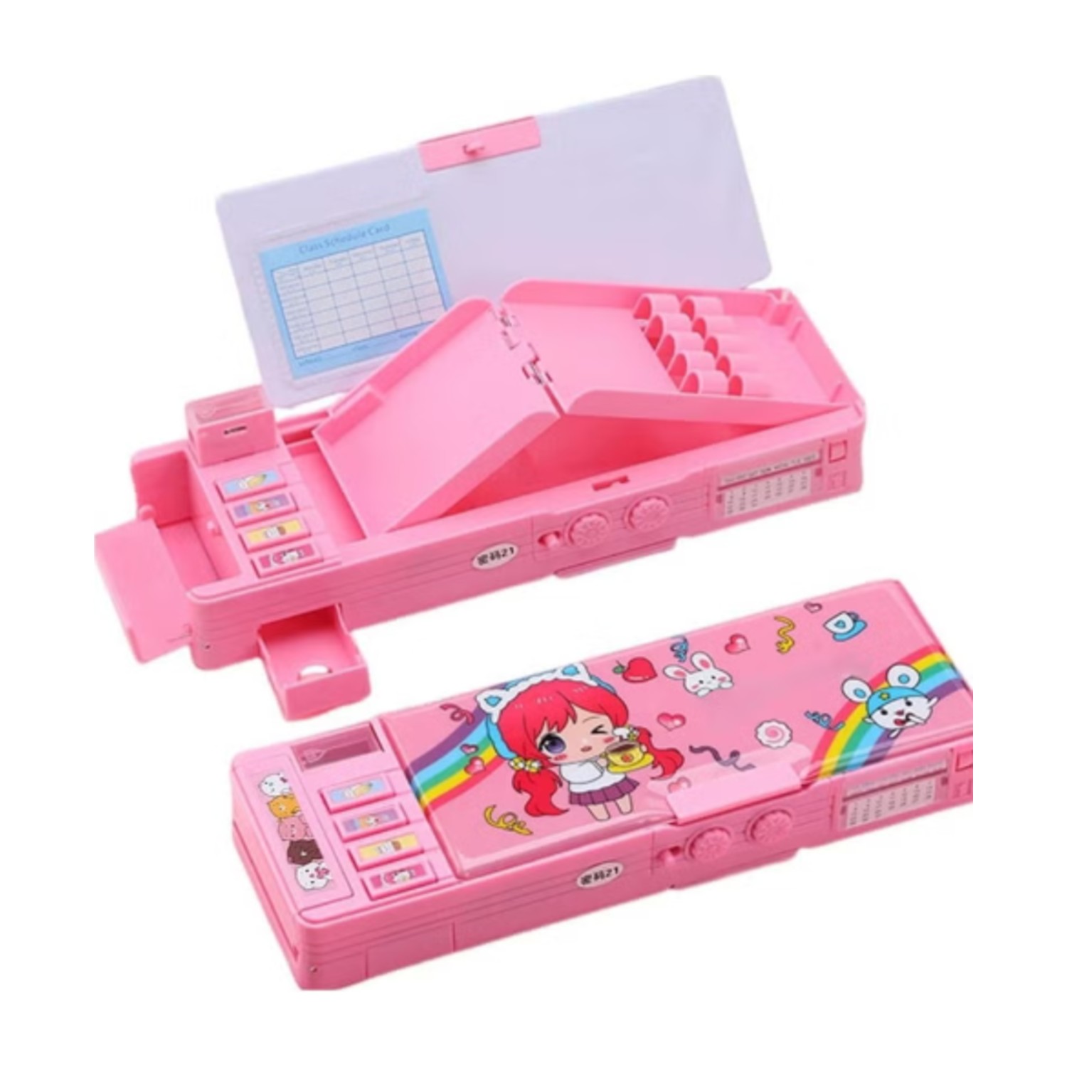 Generic Pop Up Multifunction Pencil Case for Kids, Cute Cartoon Pen Box Organizer Stationery with Lock, Sharpener, Schedule, Whiteboard, School Supplies, Best Gifts for Kids Teens (Pink)