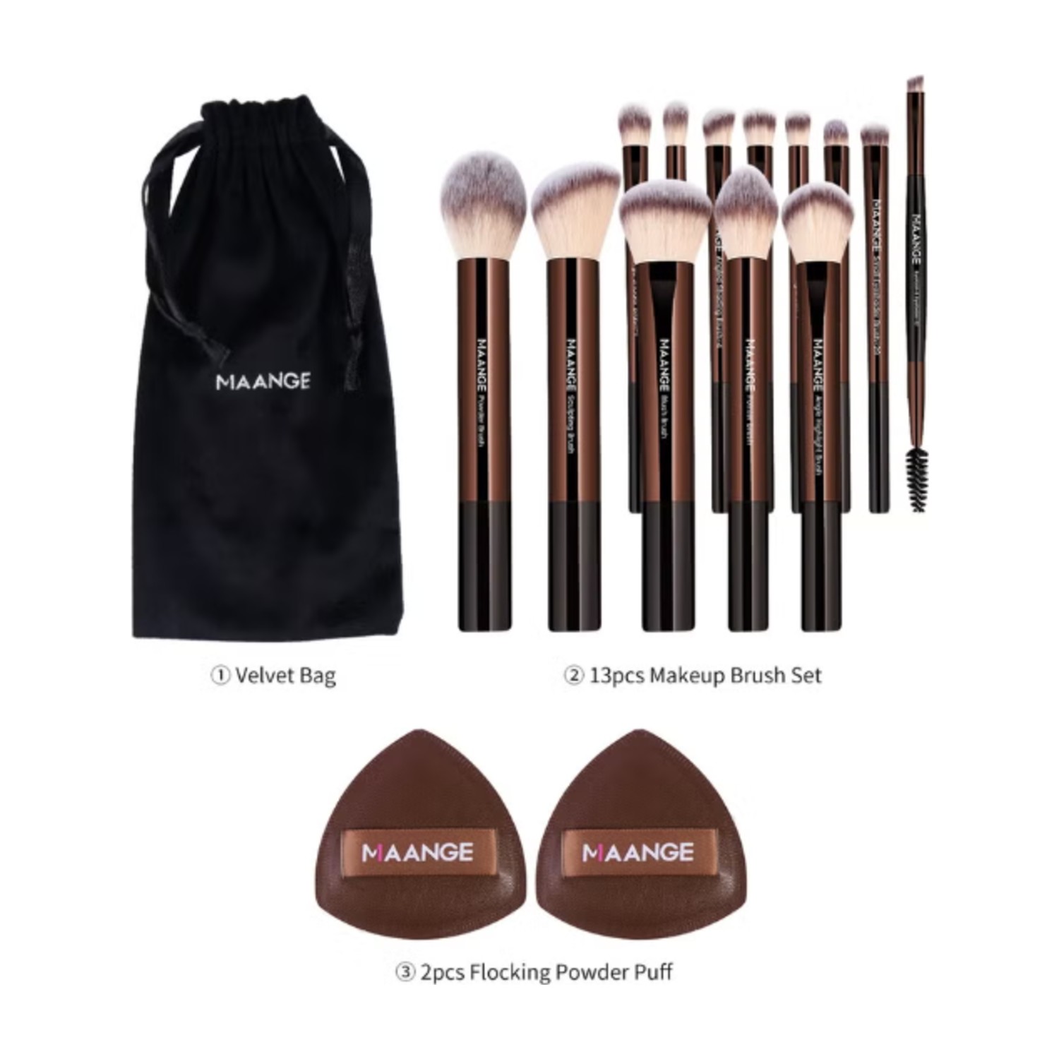 Maange 16Pcs Makeup Tool Set, Professional Makeup Brush Sets- Including Blush Brush, Contour Brush, Foundation Brush, Concealer Brush, Eye Shadow Brush, Powder Puff and Cloth Bags (Brown)