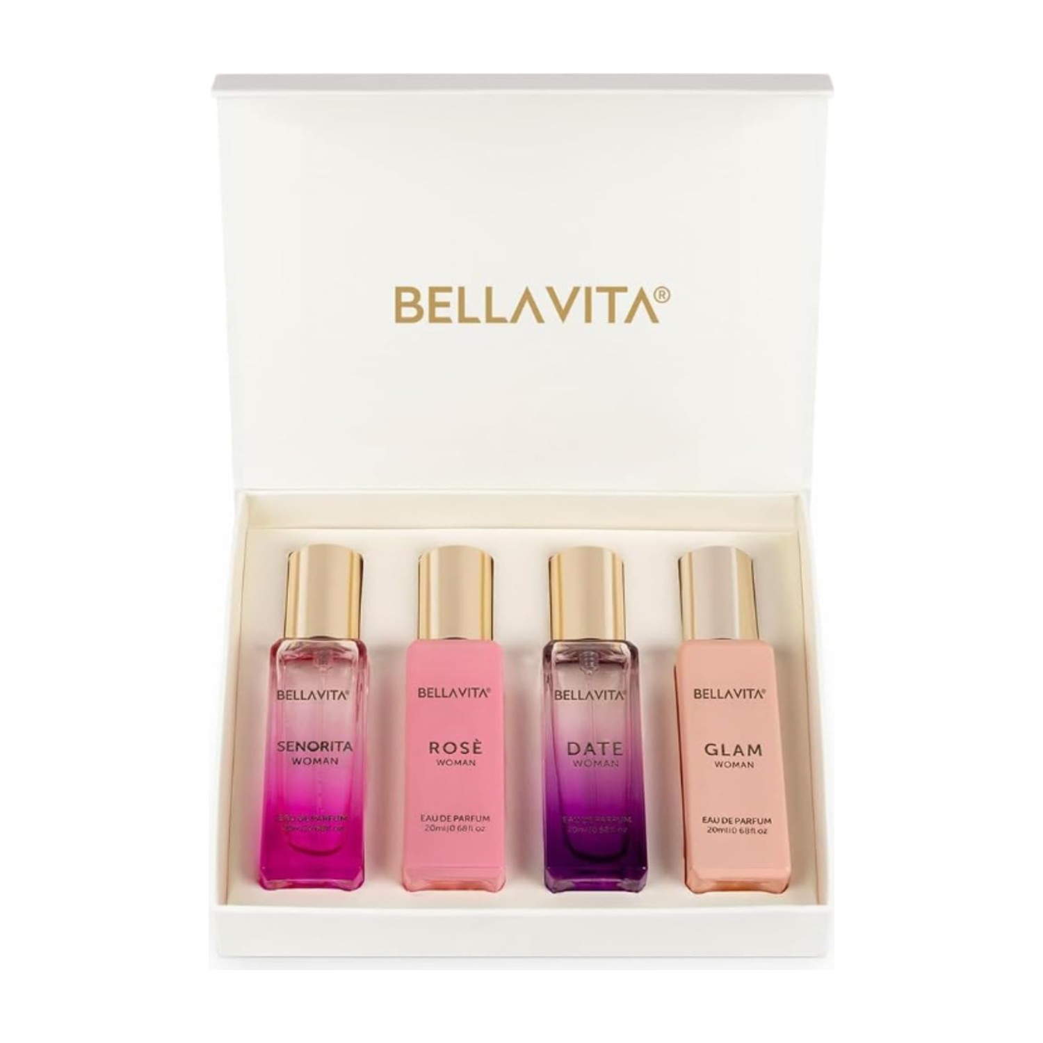 BellaVita Luxury Perfume Gift Set for Women | Includes DATE, Senorita, GLAM, ROSE Perfumes | Floral, Fruity & Savoury Long Lasting Scents | Gift Set for Women | Special Womens Collection (4x20ml)