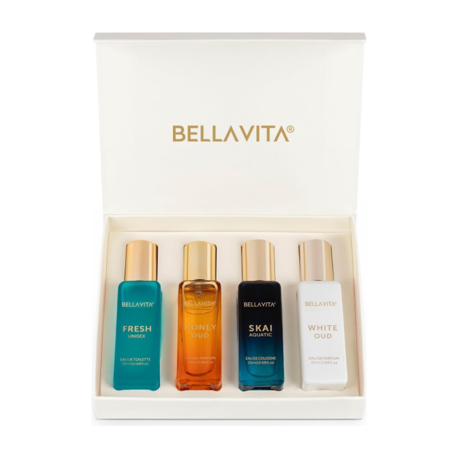 BellaVita Luxury Unisex Perfume Gift Set for Women & Men | Includes Honey OUD, SKAI, FRESH, White OUD, Perfume Set | Long Lasting Perfume Scents | Premium Collection Perfumes (4x20ml)