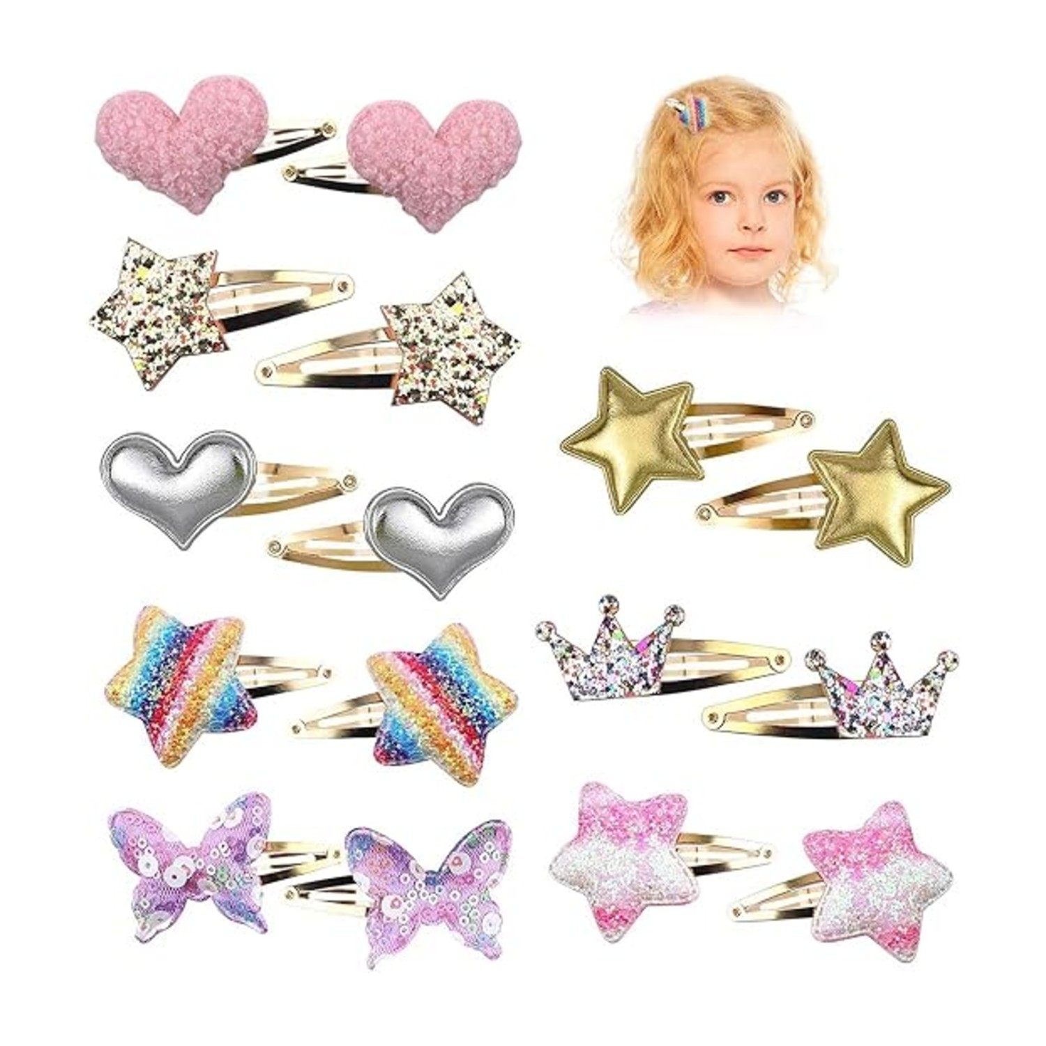 SYOSI Hair Clips for Girls, Star Crown Heart Butterfly Shaped Kids Hair Barrettes, Cute Hair Clips Metal Snap Hair Pins Sparkly Hair Styling Accessories for Girls Kids, 8 Pairs