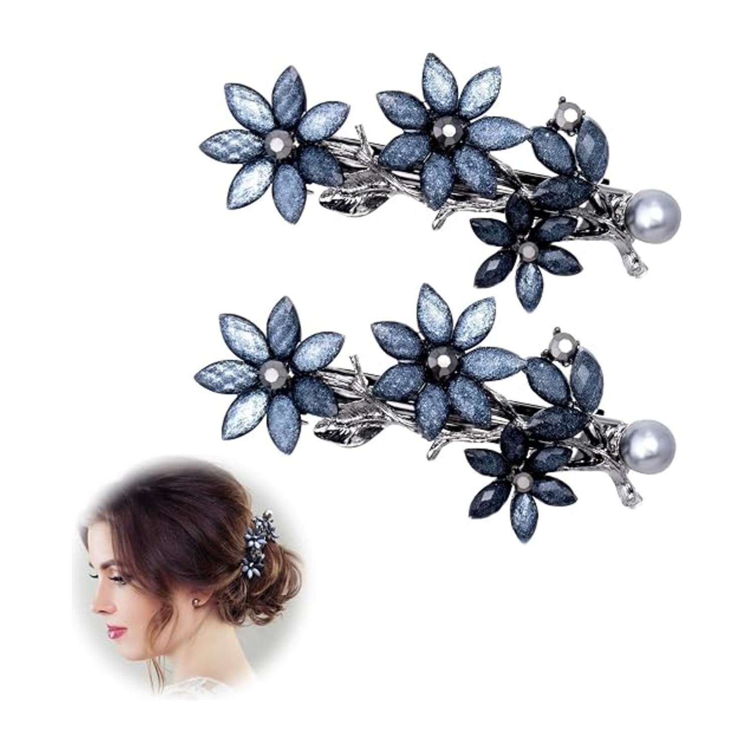 SYOSI Rhinestone Hair Clips, Crystal Bridal Barrettes, Pearl Floral Hair Accessories, Vintage Wedding Hairpins Sparkling Hair Jewelry for Women, Special Occasion Decor (2Pcs)