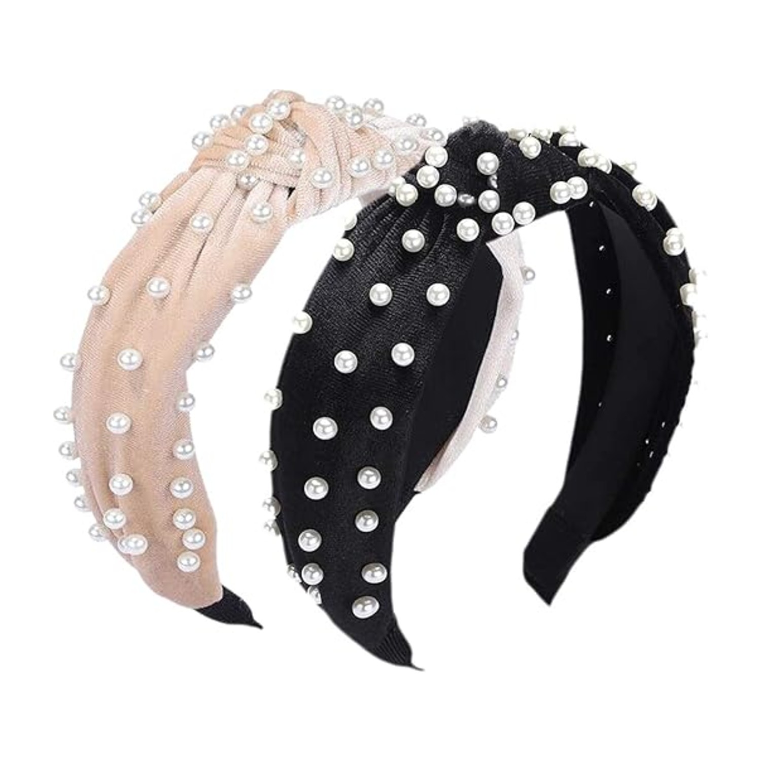 DELFINO 2PCS Headbands for Women, Bow Knotted Wide Headband, Yoga Hair Band Fashion Elastic Hair Accessories for Women and Girls - Comfort No Hurting (Black pearl, Beige pearl)