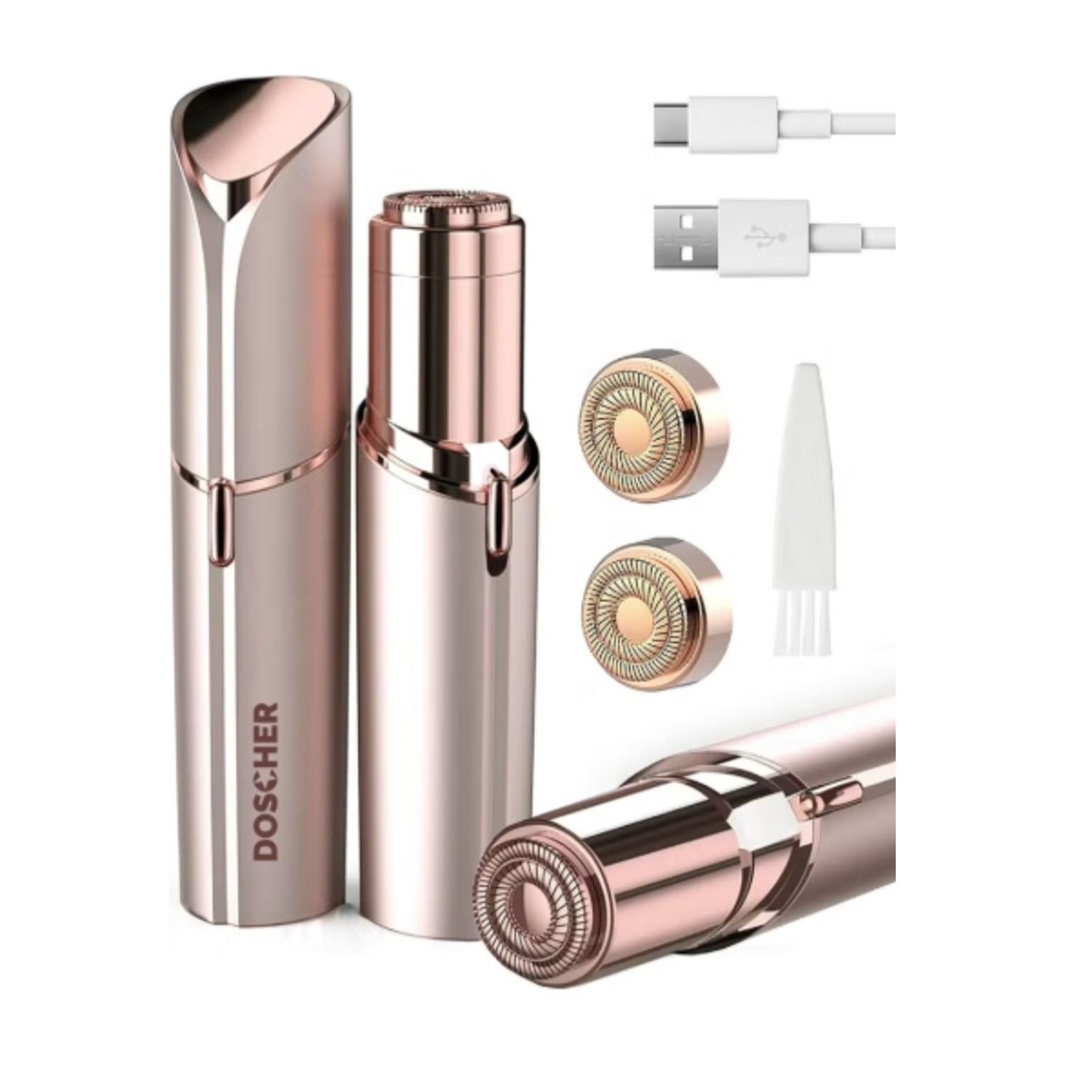 Doscher Facial Hair Removal for Women, Painless Epilator Hair Remover Device with 2 Pcs Replacement Heads , USB Rechargeable Face Electric Razor and Full body shave for ladies Legs, Bikini Line, Arms,Underarm,Face.