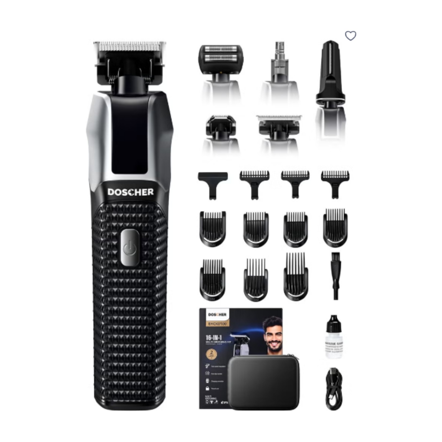 Doscher 16-in-1 Beard Trimmer for Men and Hair Clipper Machine, LED Display Shaving Machine for Face Body Nose with Storage Case