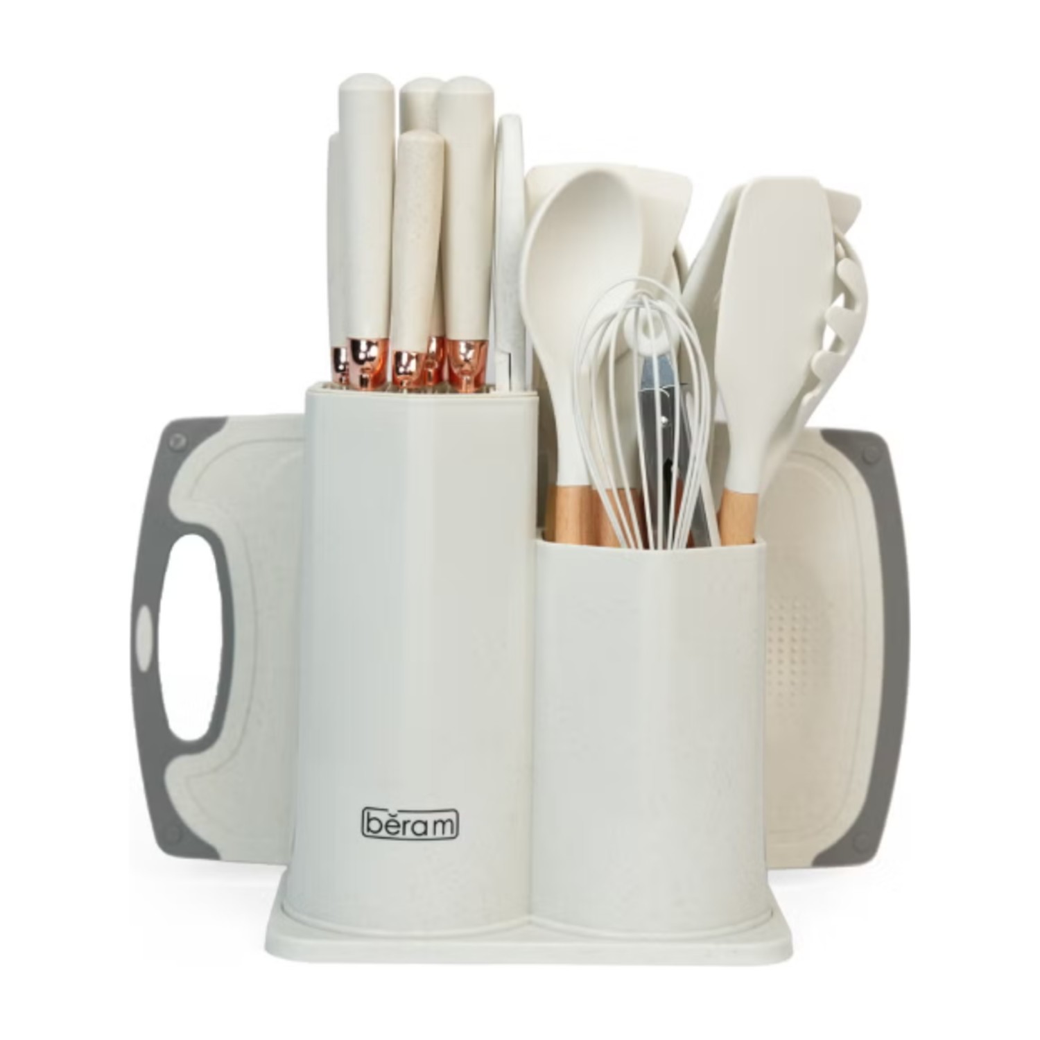 Beram 19-Piece Kitchen Utensil and Silicone Knife Set with Wooden Handles - Beige/Gray