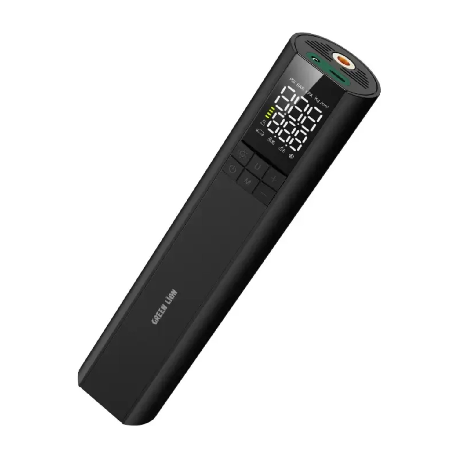 منفاخ إطارات أخضر Lion GL - A3، ضاغط هواء محمول 150 رطل لكل بوصة مربعة، مضخة هواء قابلة للشحن 4000 مللي أمبير في الساعة، شاشة رقمية، 5 أوضاع محددة مسبقًا، شحن سريع USB - C، مصباح LED – أسود