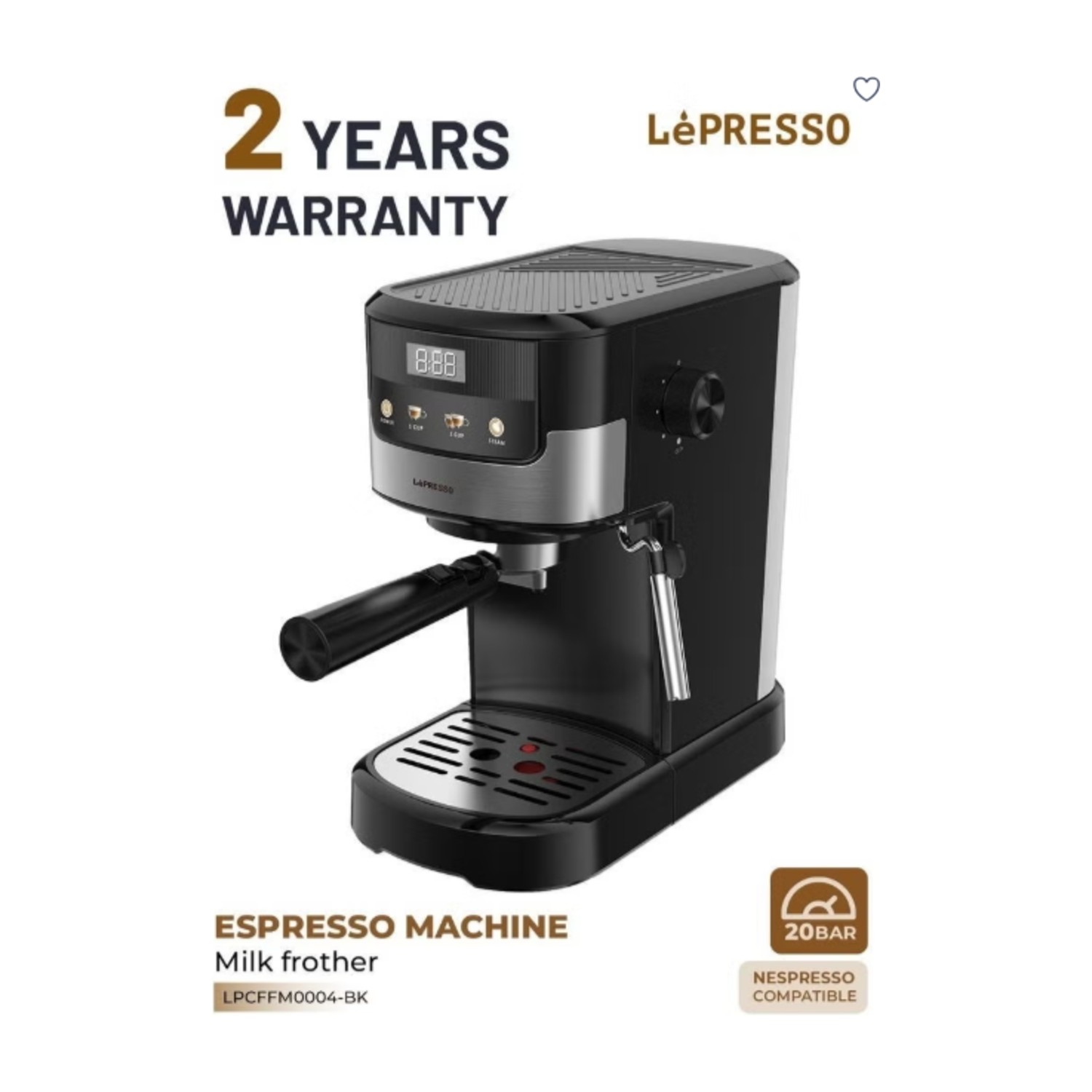 Suprema Espresso Coffee Machine with Milk Frother and Touch Display 1.2L Water Tank / 1100W Coffee Maker / Washable Drip Tray / Nespresso Compatible / 20 Bar Pressure / Milk Steamer - Black