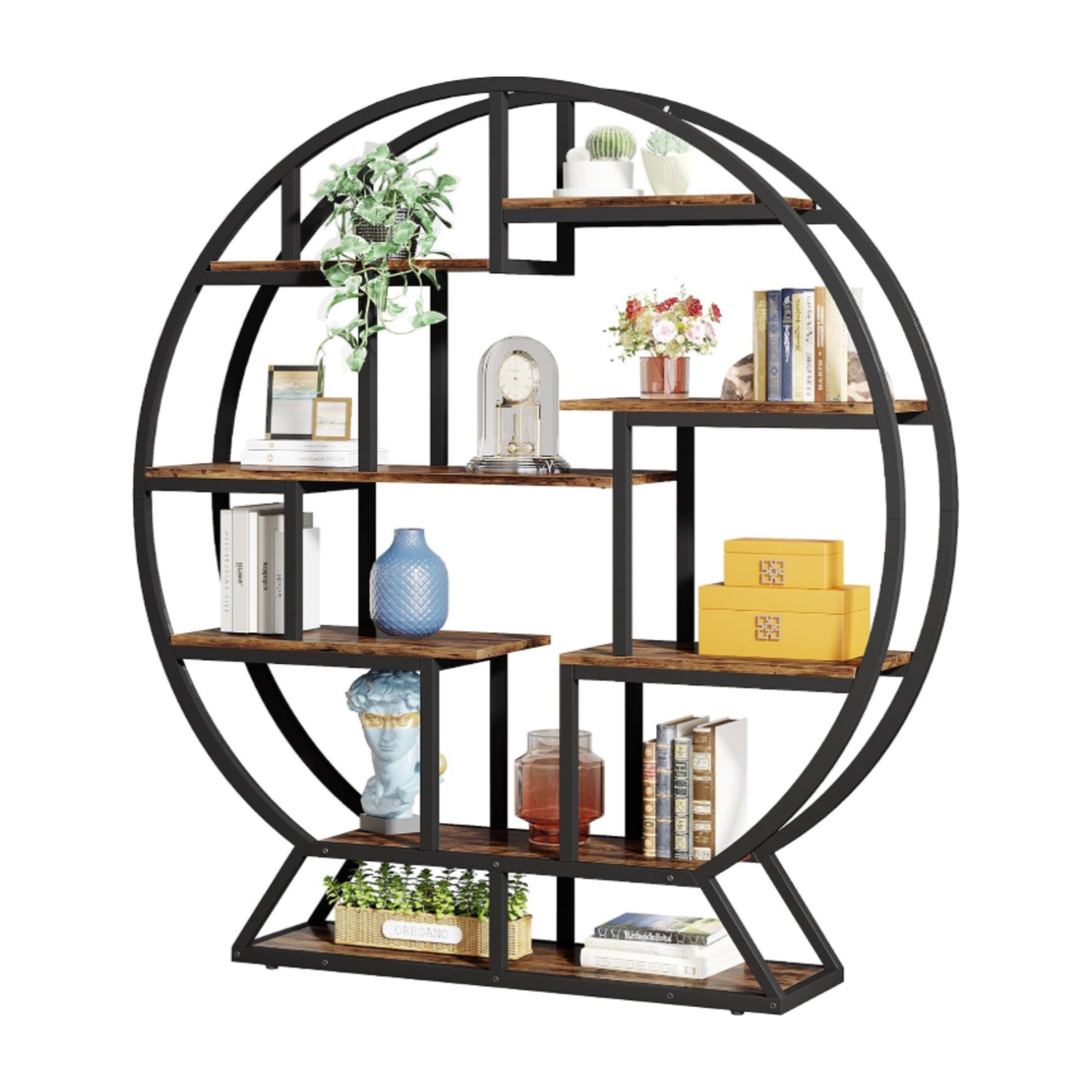 Tribesigns Bookshelf, Round Bookshelves Etagere Bookcase, 160 cm Industrial Wood Book Shelf with Staggered Shelves, Rustic Open Shelving Organizer Rack Display Shelf - Rustic Brown