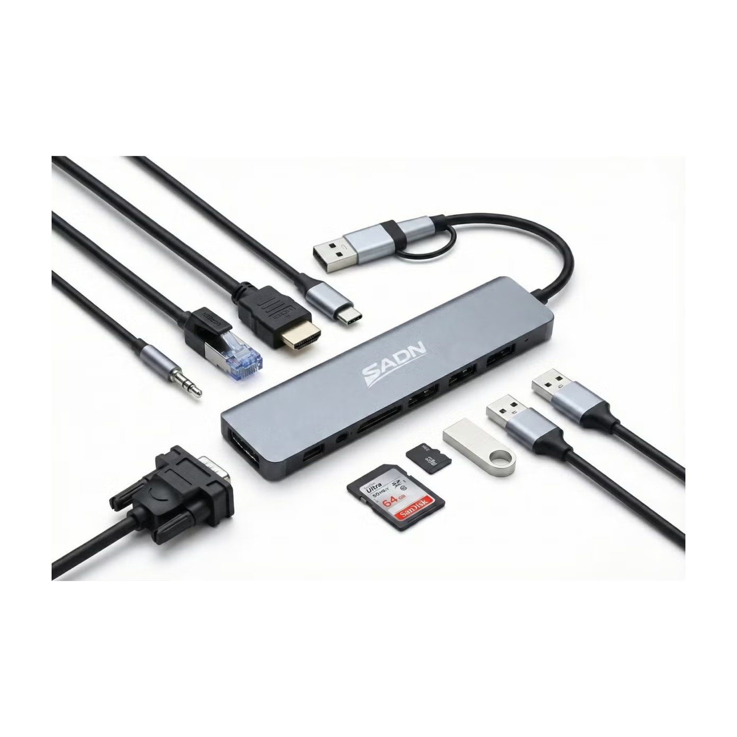 محطة إرساء وموزع SADN (8 في 1) بمنفذ USB-C، مزودة بموصل مزدوج (USB-C وUSB-A)، ومنافذ HDMI (بدقة 4K) وVGA وGigabit Ethernet، ومنفذي USB 3.0، وقارئ بطاقات SD/TF، ​​وتقنية الشحن السريع PD بقوة 100 واط؛ مصنوعة من الألومنيوم باللون الرمادي.