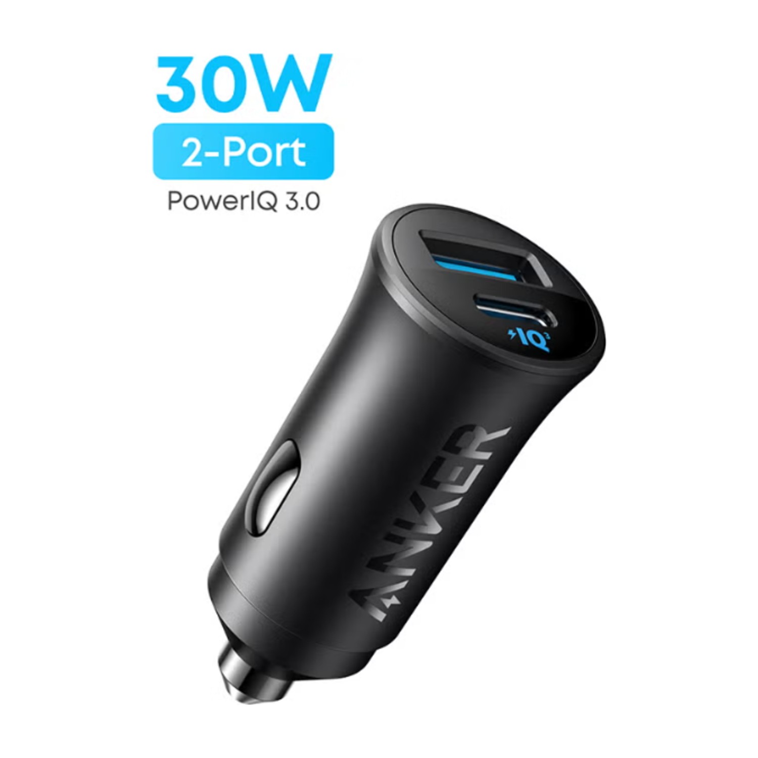 Anker Ultra-Compact Car Charger retail box containing a 30W dual-port adapter bundled with two charging cables