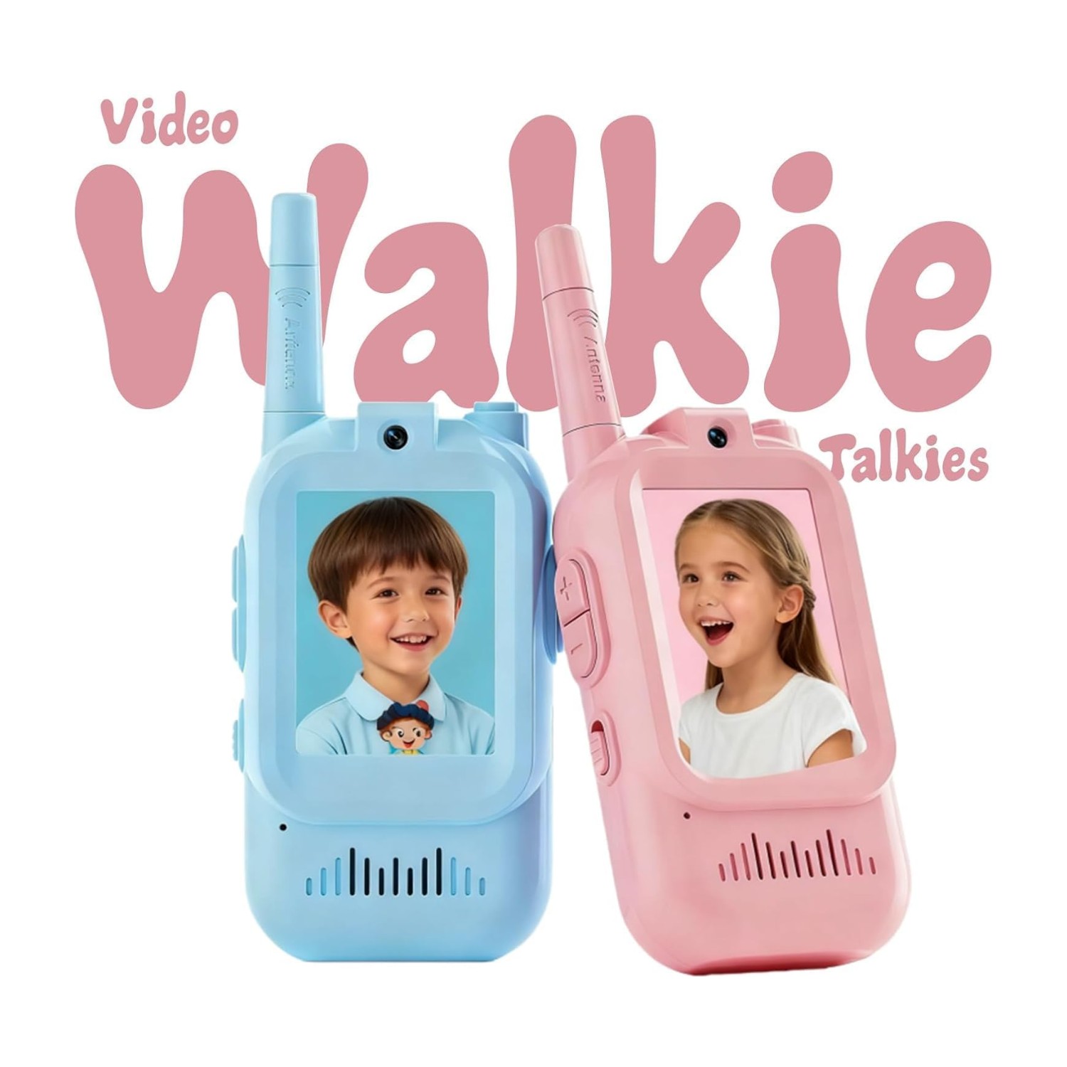 Kids Walkie Talkies set (blue&pink) with Camera & Video, Rechargeable 2-Way Radio for Boys & Girls, Push-to-Talk, Voice Changer, USB-C Charging, Lanyards
