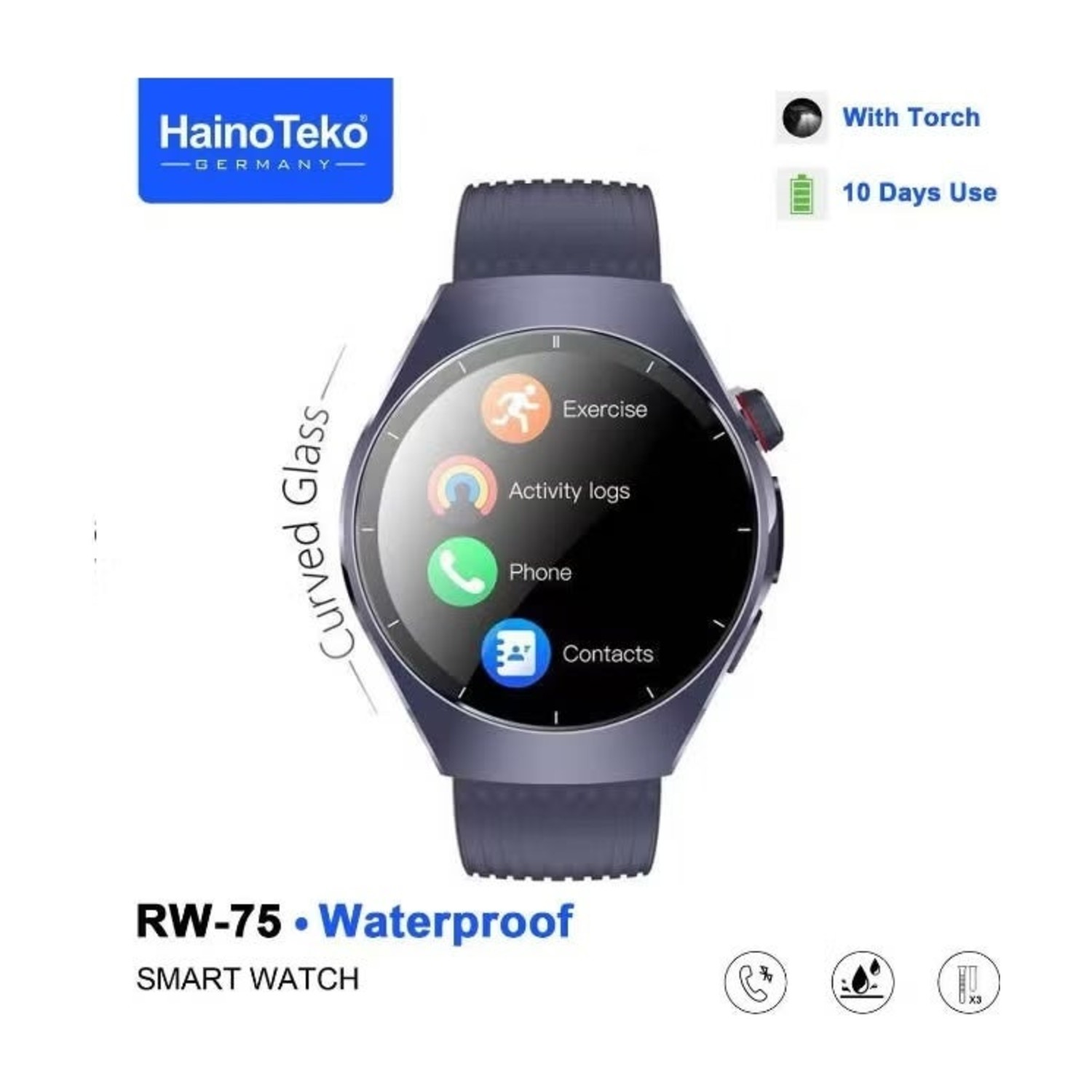 ساعة ذكية Haino Teko RW -75 مقاومة للماء مع شاشة AMOLED منحنية وسوار 3 أزواج