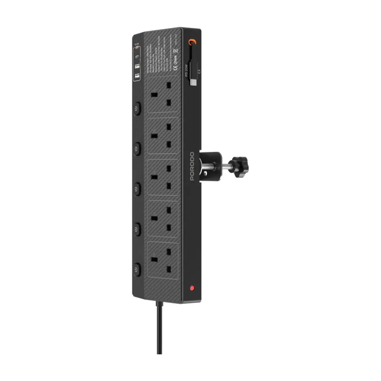 مقبس طاقة Porodo Voltguard متعدد المنافذ PD 20W - أسود