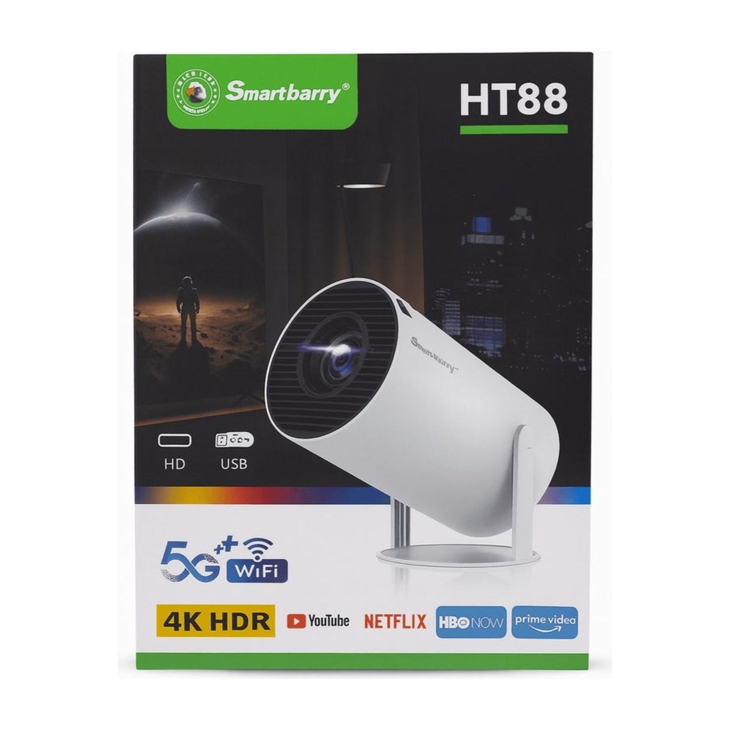 جهاز عرض (بروجيكتور) Smartbarry HT88 يدعم دقة 4K وتقنية WiFi | نظام مسرح منزلي مع ميزة عكس الشاشة