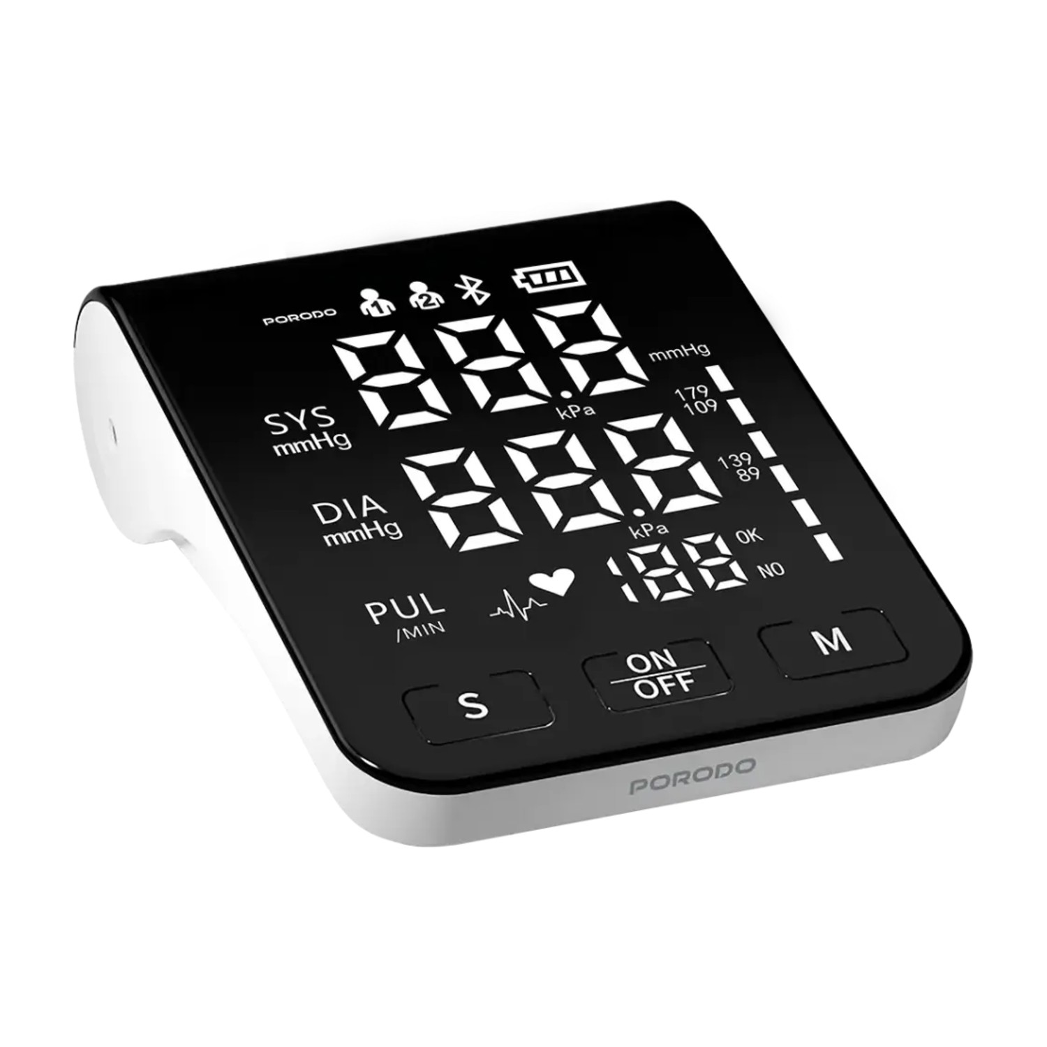 Porodo LiveOn Digital Upper Arm Blood Pressure Monitor, Rechargeable Intelligent BP Machine with High-Contrast LED HD Display, Dual-User Memory, Voice Guidance & Irregular Heartbeat Alert - White / Black Screen