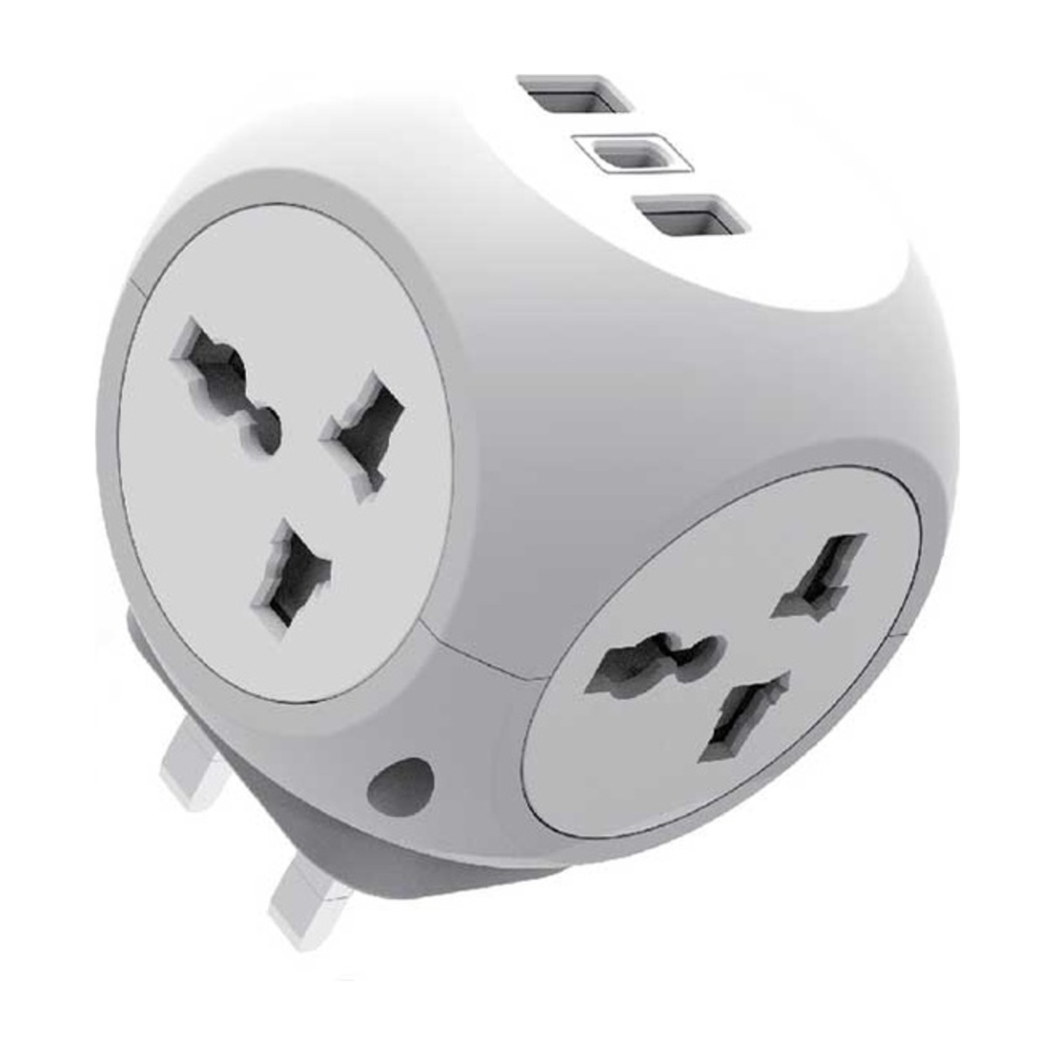 Green Lion Multi Port Travel Adapter, 3250W Heavy Duty Five-Side Power Extension Ball with 4 Universal AC Outlets & 3 USB Ports, 13A Rated Current, Child Safety Shutters, Multi-Device Power Cube - White