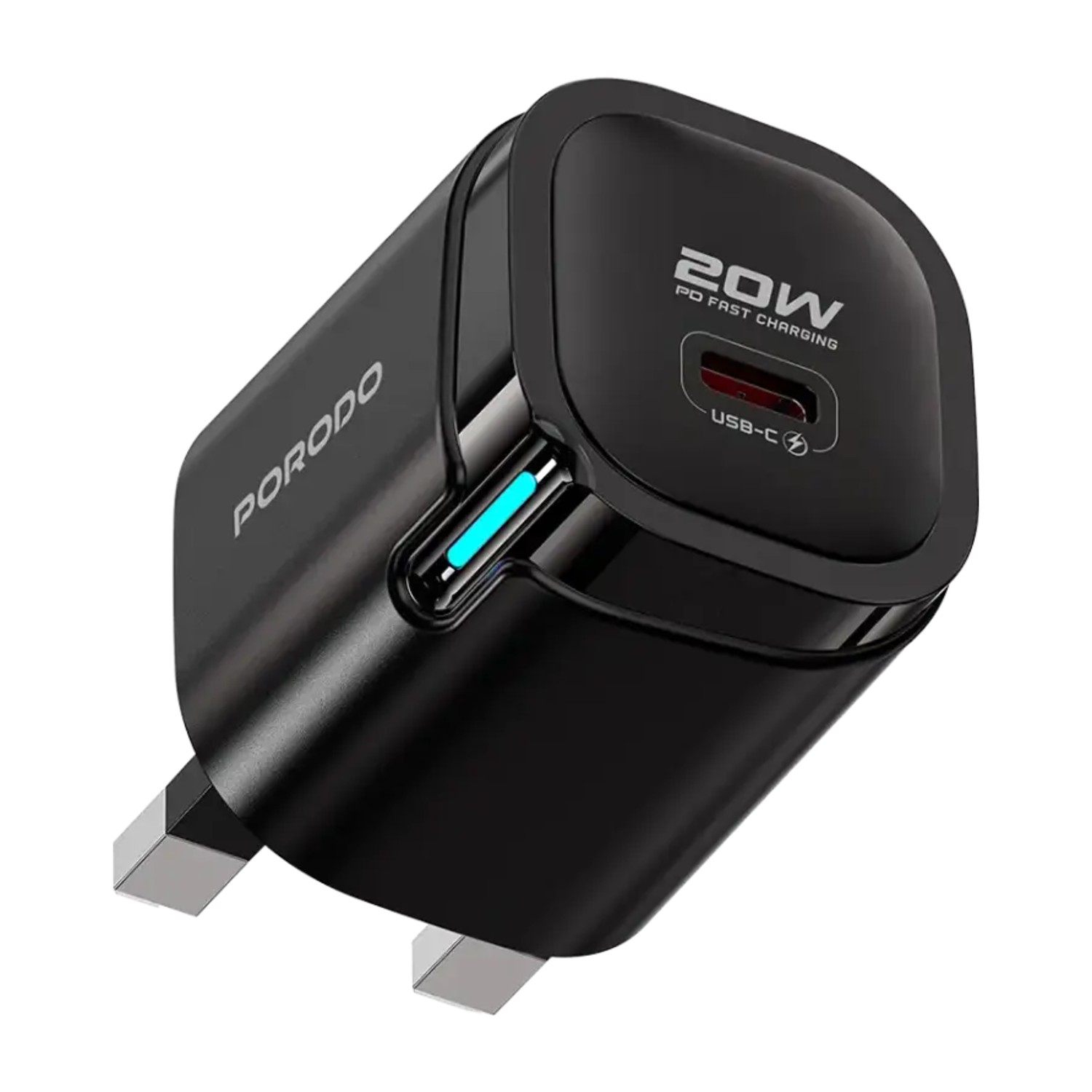 Porodo Tekto 20W PD USB-C Wall Adapter, Fast Charging Power Delivery Travel Adapter with Multi-Protection System, UK 3-Pin Plug Type, Compact Mobile Charger - Black